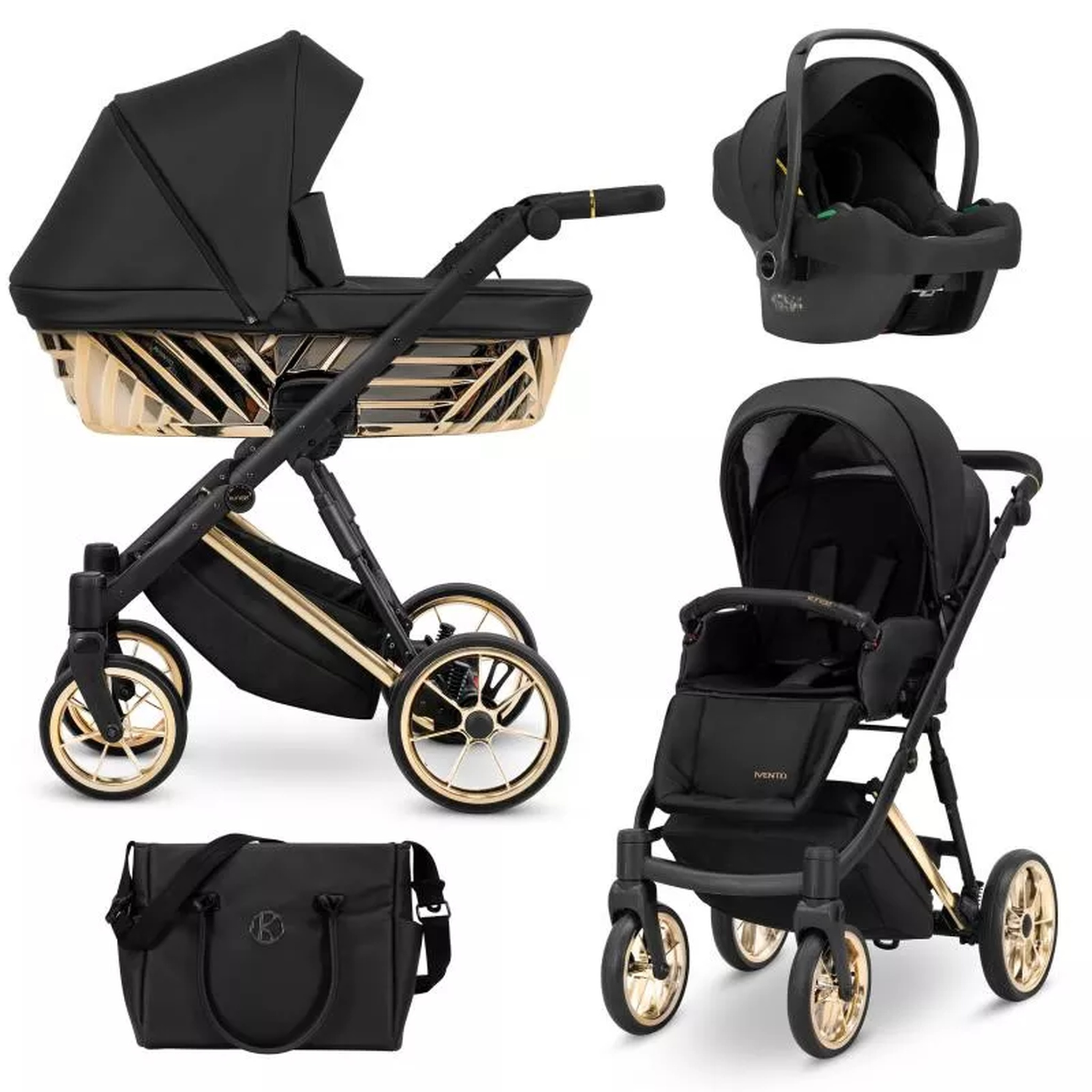 Ein schwarzer Kinderwagen mit goldenen Akzenten, eine Babyschale und eine Wickeltasche.