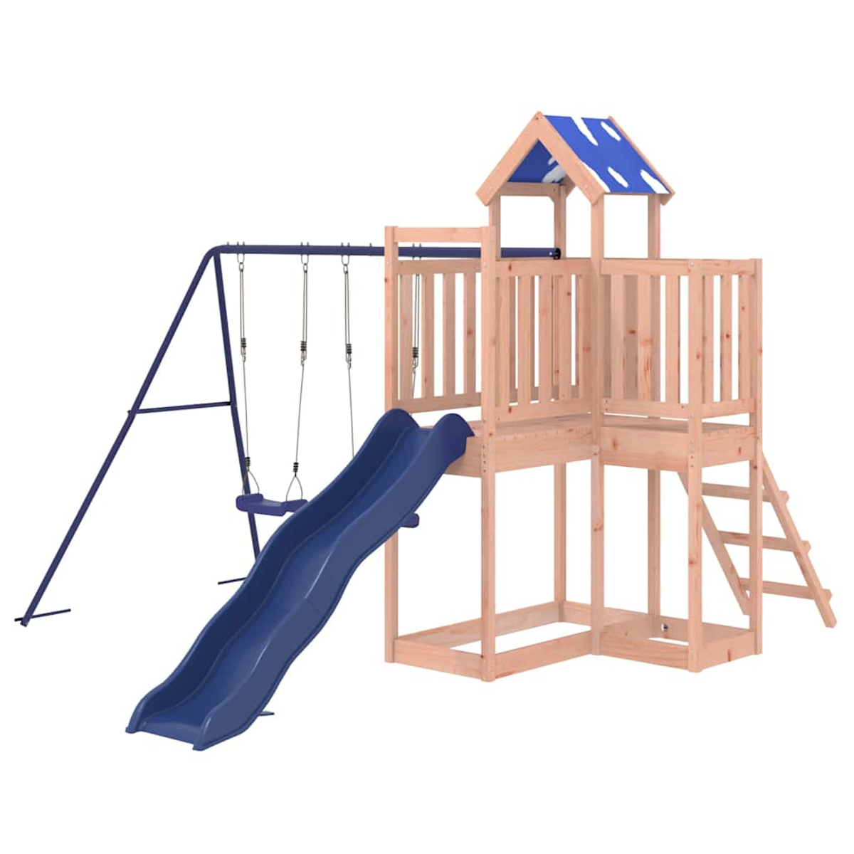 Ein hölzerner Spielturm mit Rutsche, Schaukel und Dach.