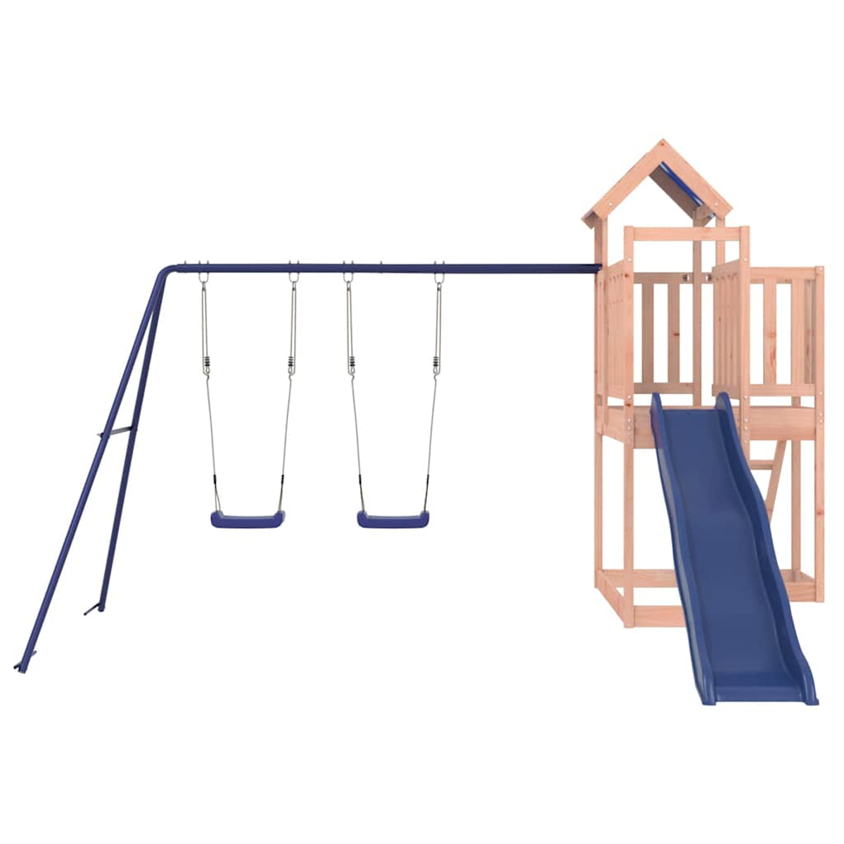 Ein Holzspielgerüst mit zwei Schaukeln und einer blauen Rutsche.