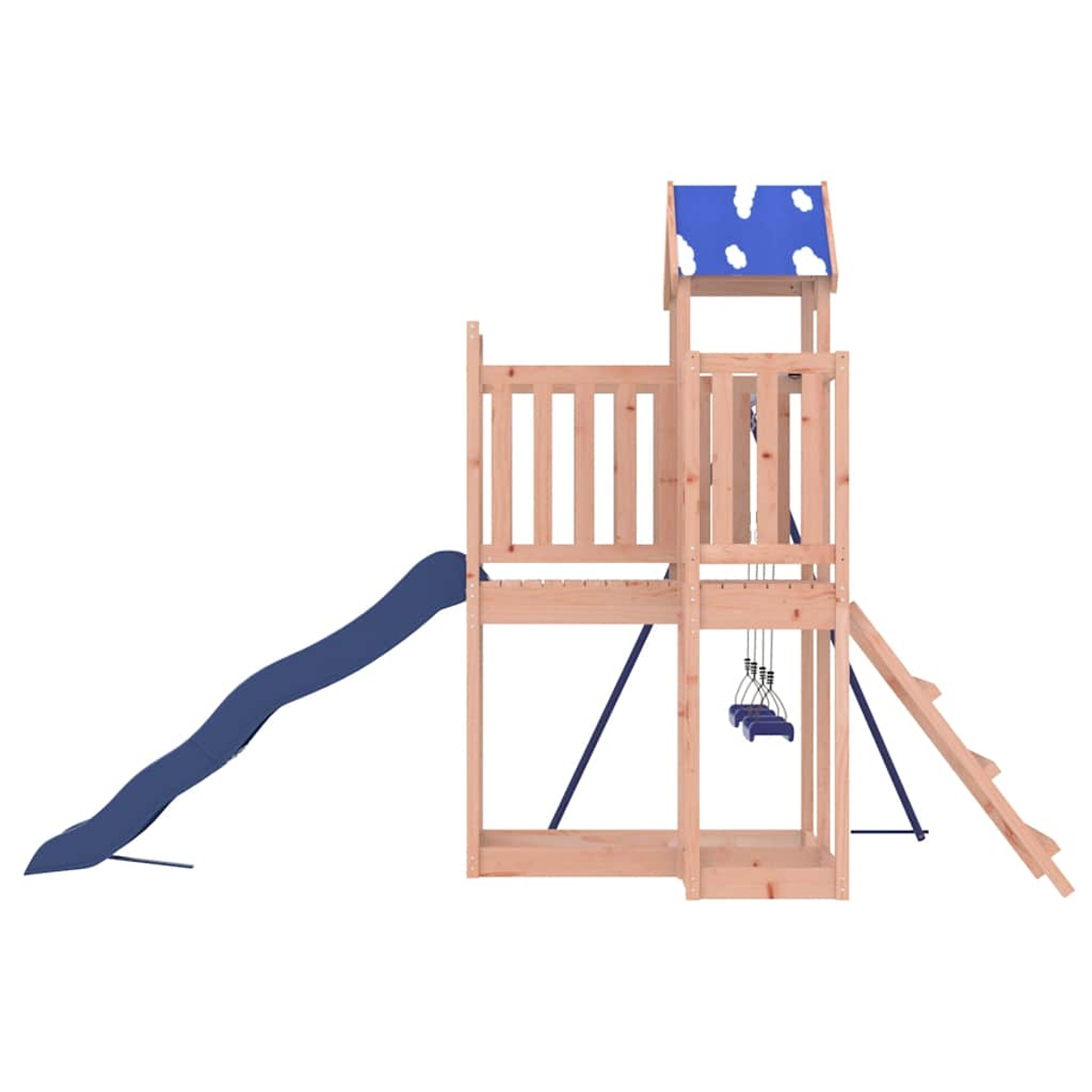 Holzspielturm mit Rutsche, Schaukeln und Leiter.