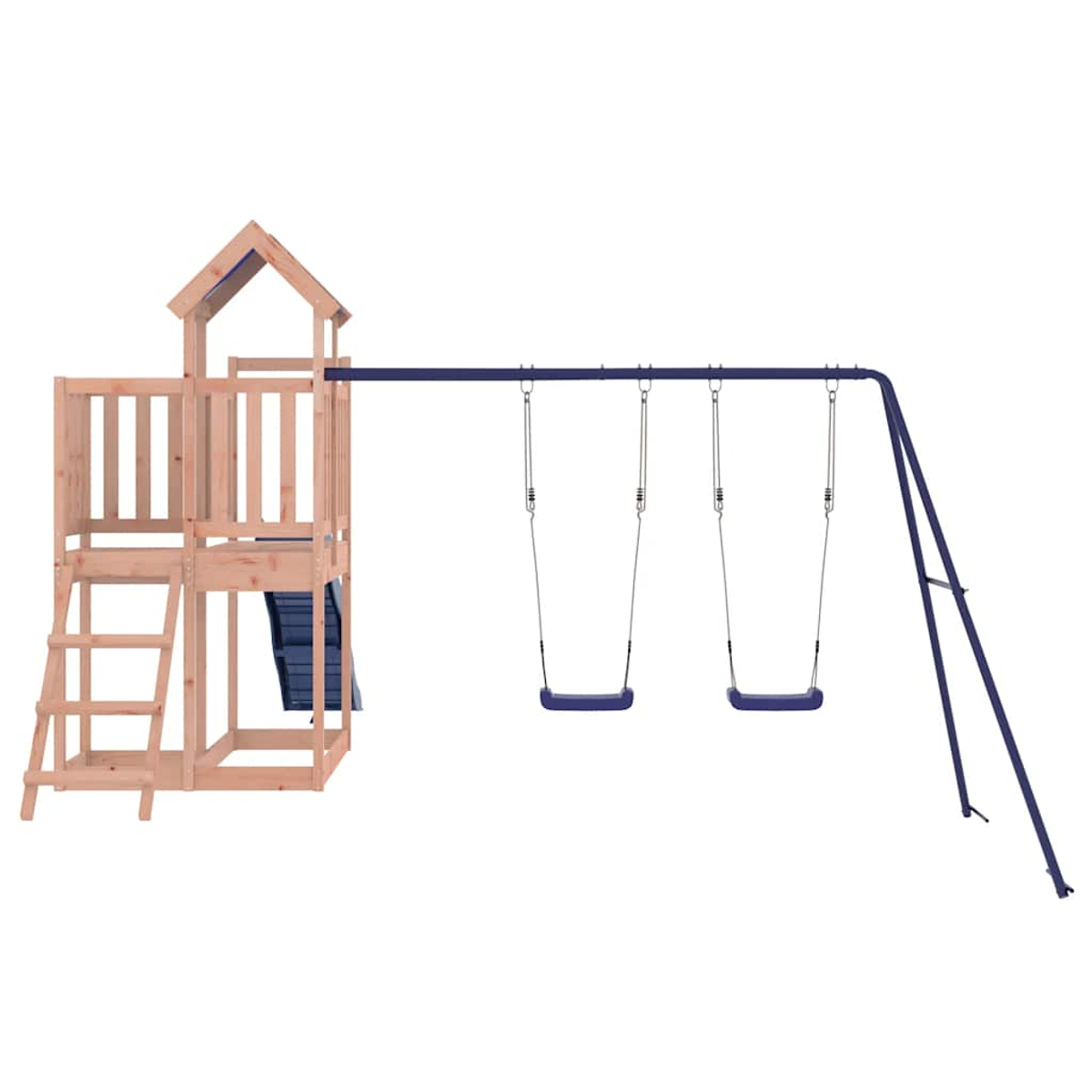 Holzspielturm mit zwei Schaukeln und blauem Sitz, daneben eine blaue Rutsche.