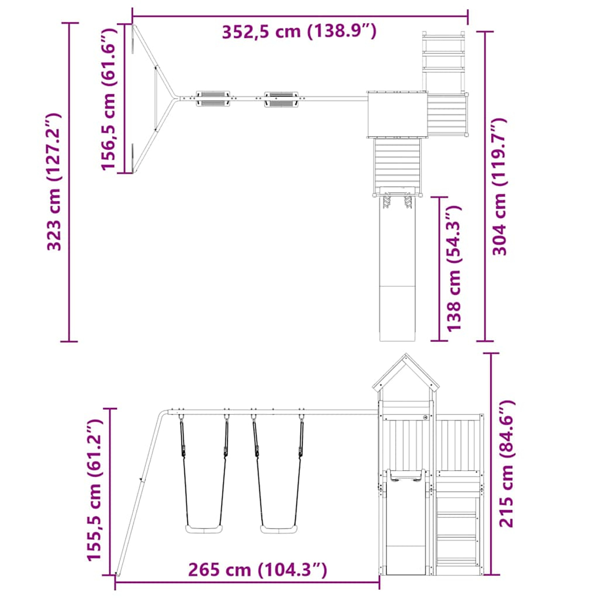 Grundriss eines Spielturms mit Schaukeln und Rutsche, Maße in cm und Zoll.