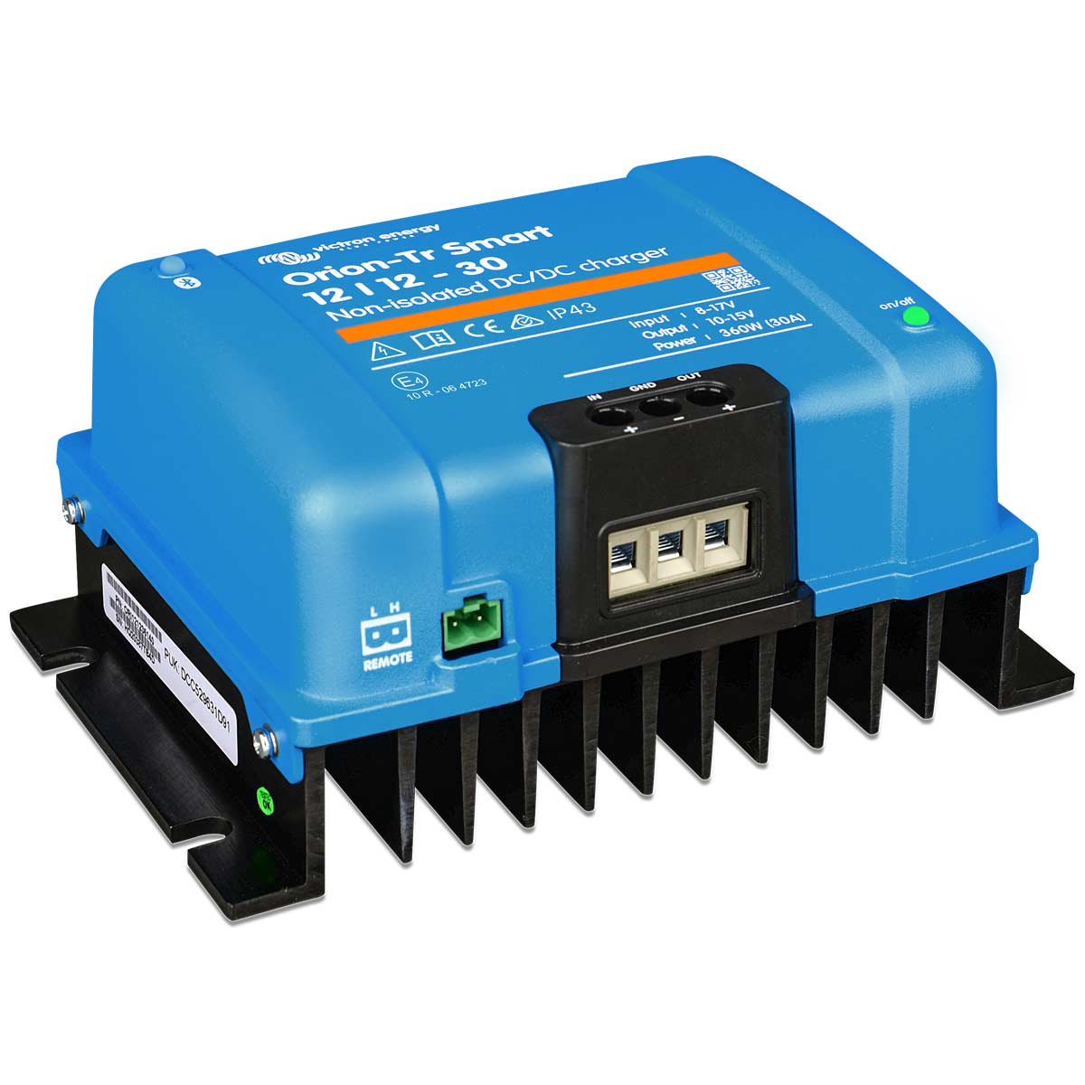Blauer Victron Orion-Tr Smart DC/DC-Ladegerät mit Kühlrippen und Anschlüssen.