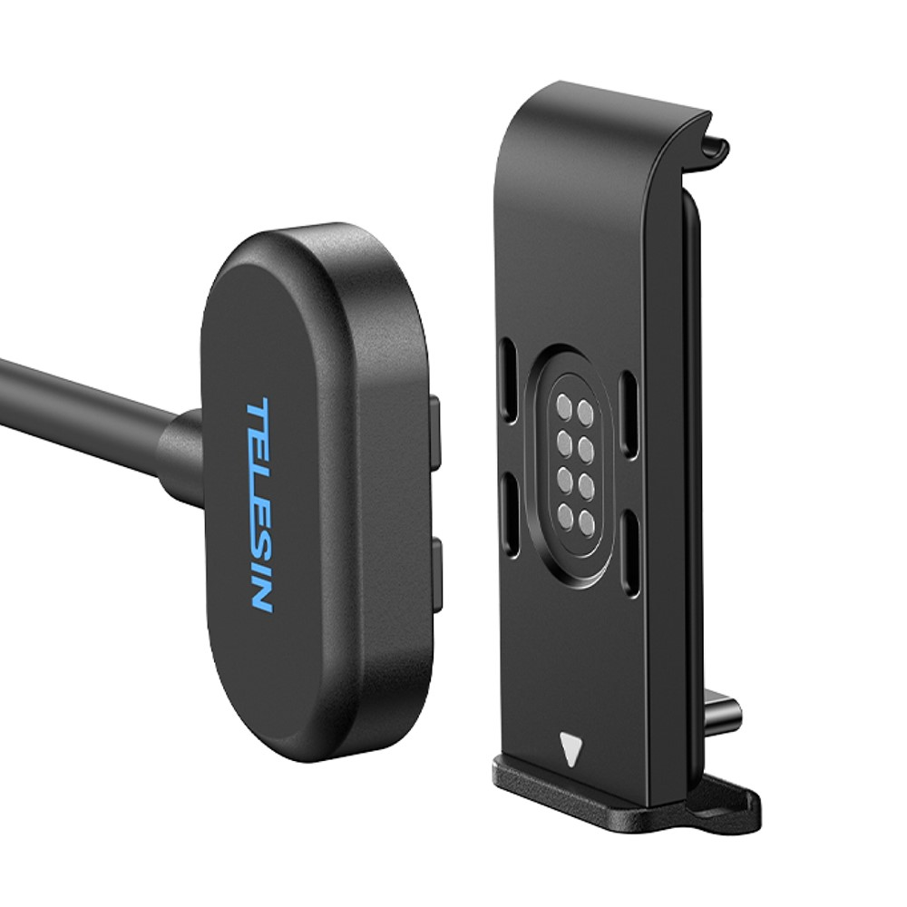 Ein schwarzes TELESIN-Ladekabel und eine schwarze Ladestation sind vor weißem Hintergrund abgebildet.