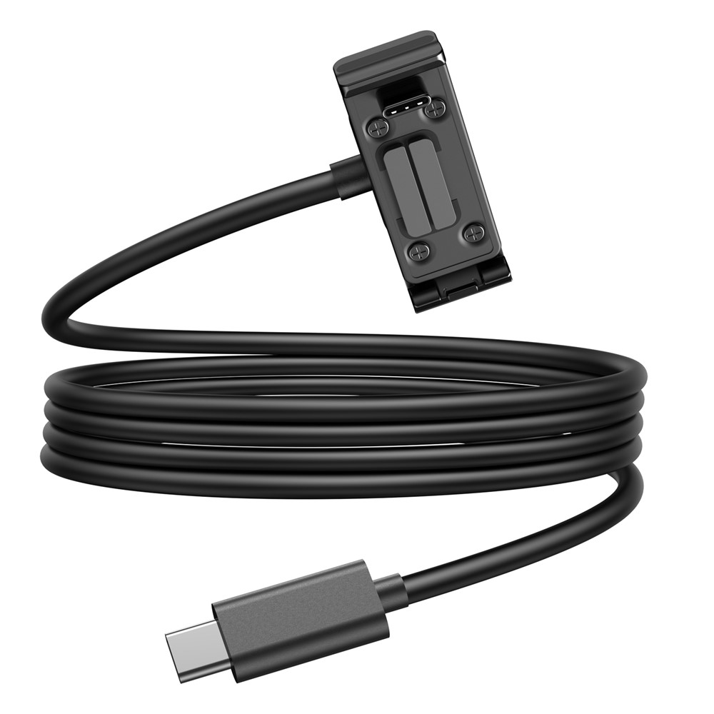 Ein schwarzes USB-C-Ladekabel mit aufgewickeltem Kabel, einem Clip-Anschluss an einem Ende und einem Standard-USB-C-Stecker am anderen, vor weißem Hintergrund.