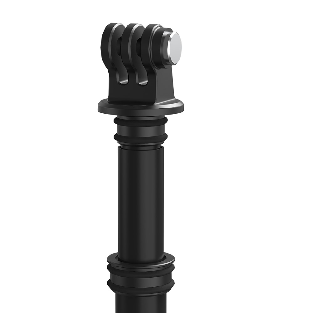 Ein schwarzer Action-Kamera-Adapter mit silbernem Knopf und Gummiringen.
