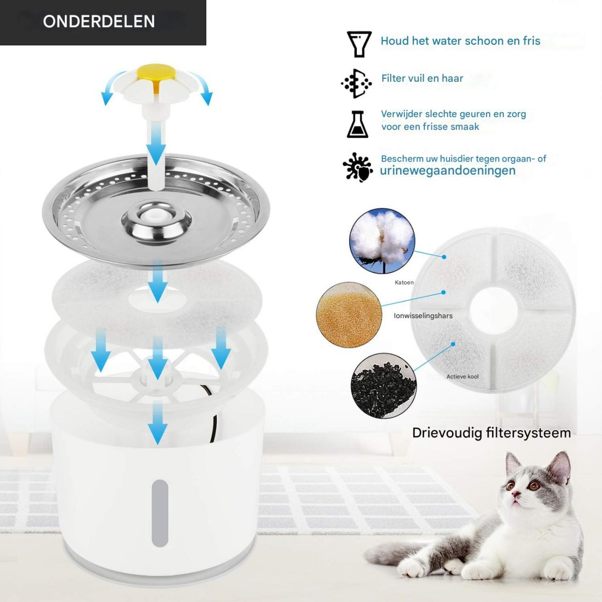 Ein weißer Katzenbrunnen mit drei Filtern und ein Kätzchen.