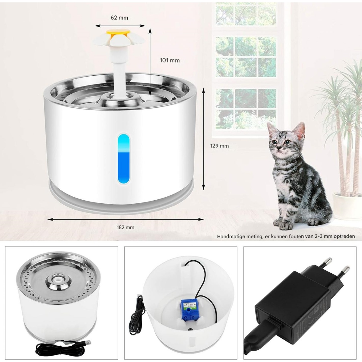 Weier Trinkbrunnen für Haustiere mit Blumenaufsatz und Katze daneben.