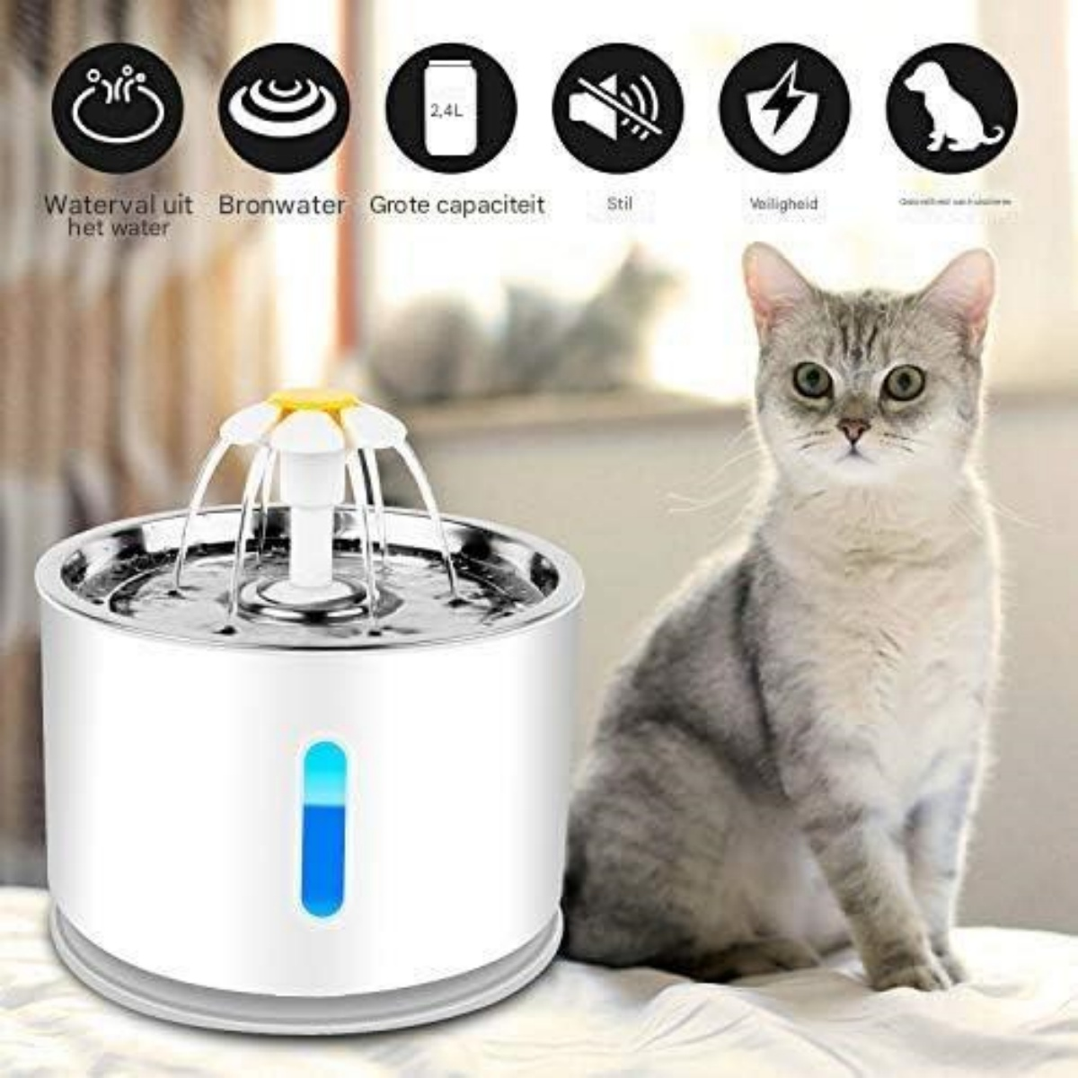 Eine Katze sitzt neben einem Wasserspender für Haustiere mit blauer Wasserstandsanzeige.