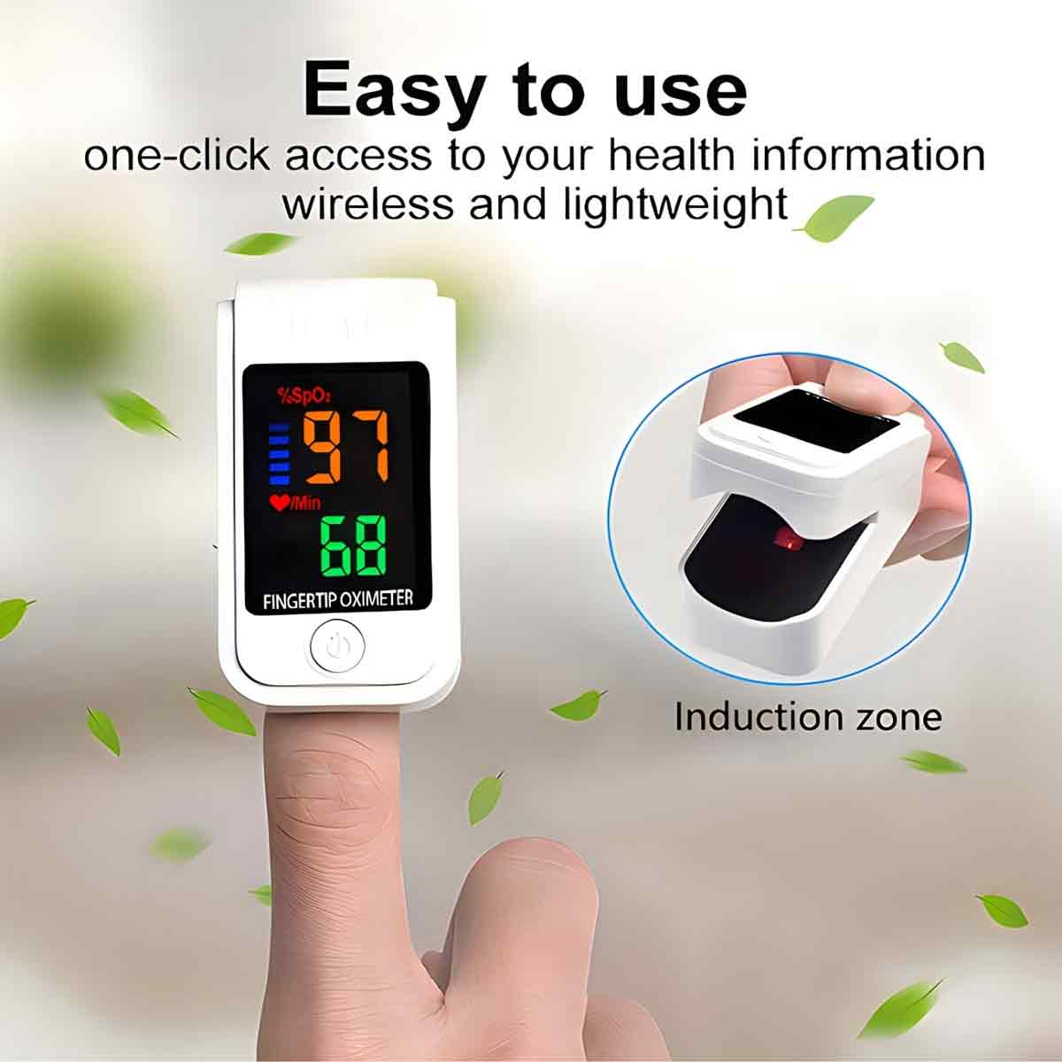 Pulsoximeter am Finger zeigt 97% SpO2 und 68 Schläge/Min. "Induktionszone" wird angezeigt.