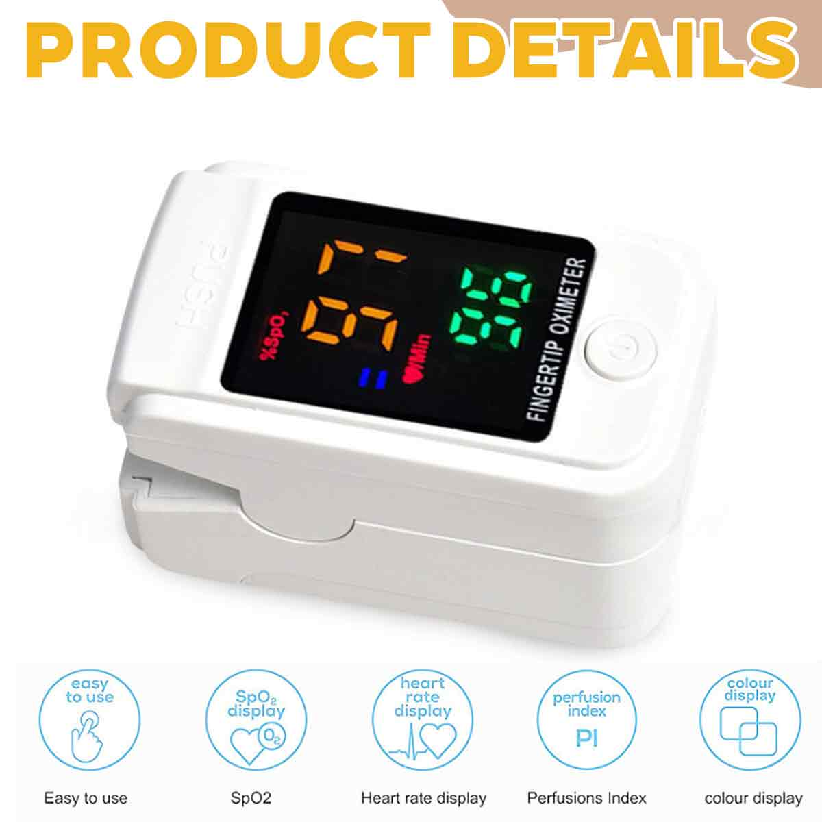 Weißer Fingerpulsoximeter zeigt %SpO2, Herzfrequenz und Perfusionsindex an. Mit Symbolen.