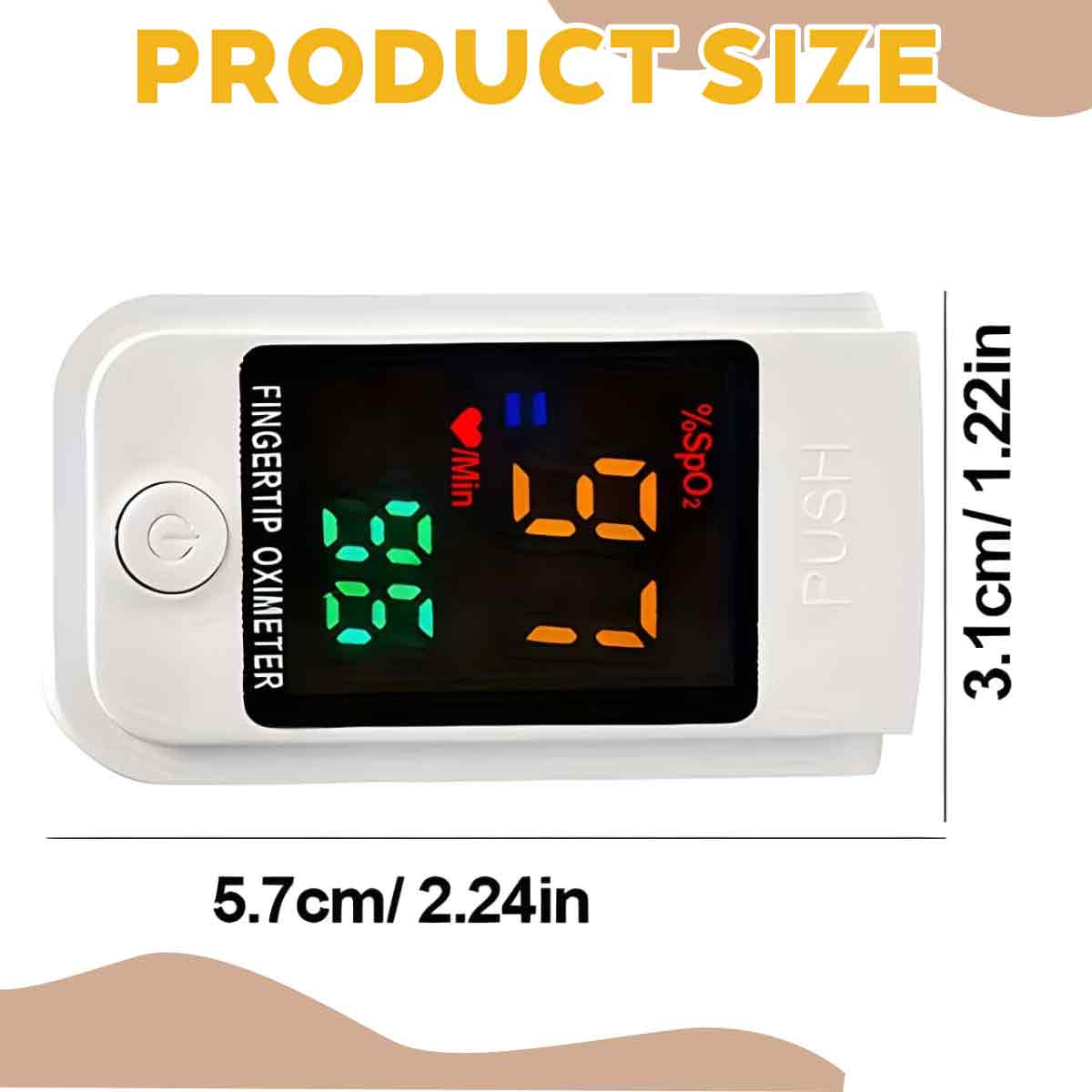 Ein weißes Fingerspitzen-Pulsoximeter mit digitaler Anzeige und Größenangaben.