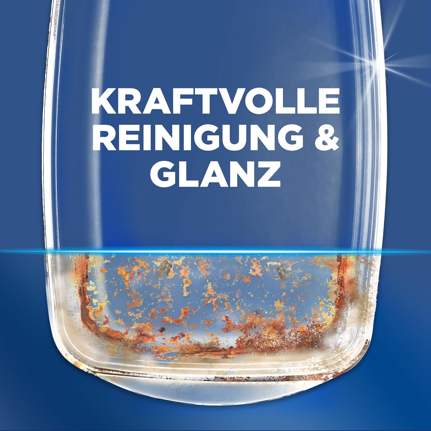 Glas mit Rostflecken, Text: KRAFTVOLLE REINIGUNG & GLANZ.