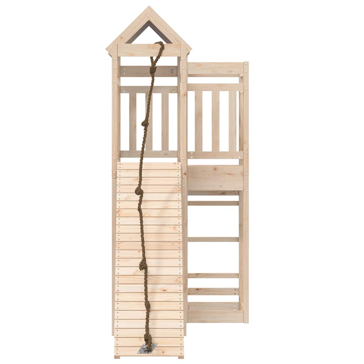 Holzspielturm mit Kletterwand, Seil und Leiter.
