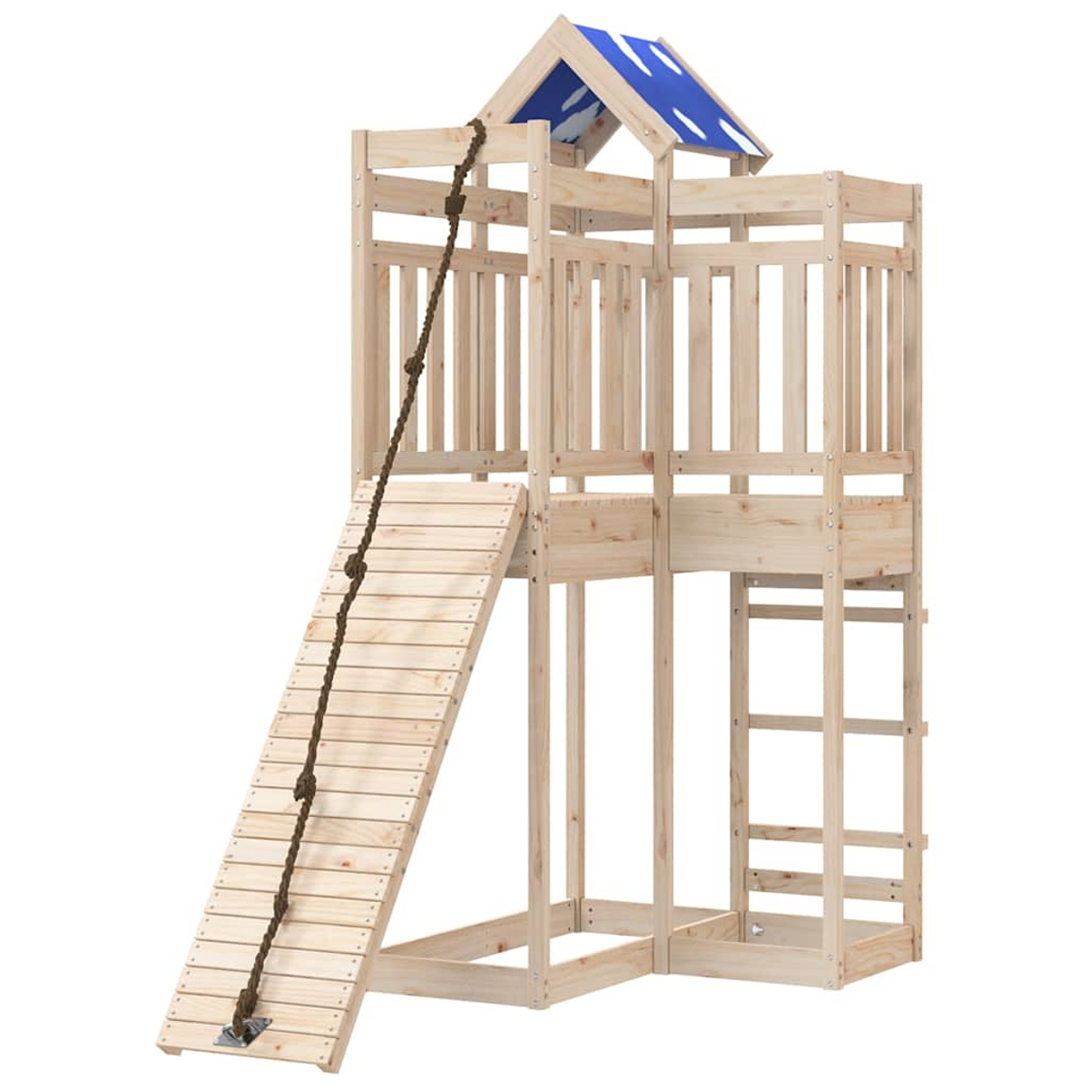 Holz-Spielturm mit Rutsche, Strickleiter und blauem Dach.