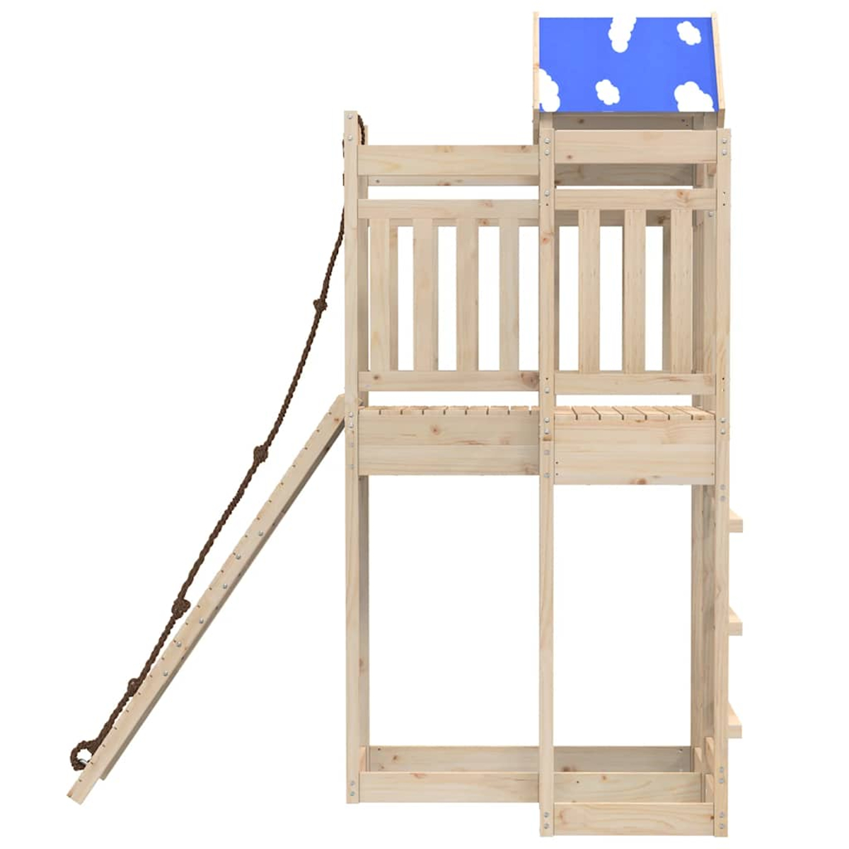 Ein hölzernes Hochbett mit Leiter, Seil und blauem Dach mit Wolken.