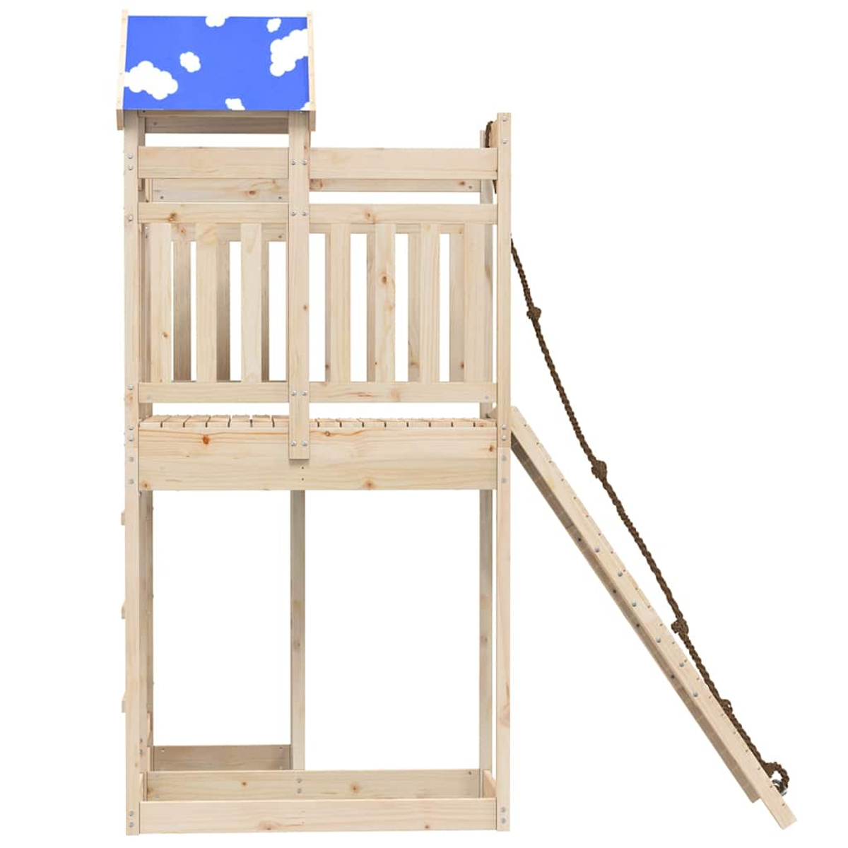 Holz-Hochbett mit blauem Dach mit Wolkenmotiv und Strickleiter.