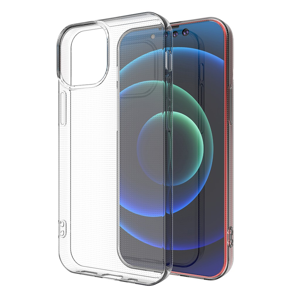 Eine transparente Handyhülle liegt neben einem Smartphone mit blauem Hintergrund.