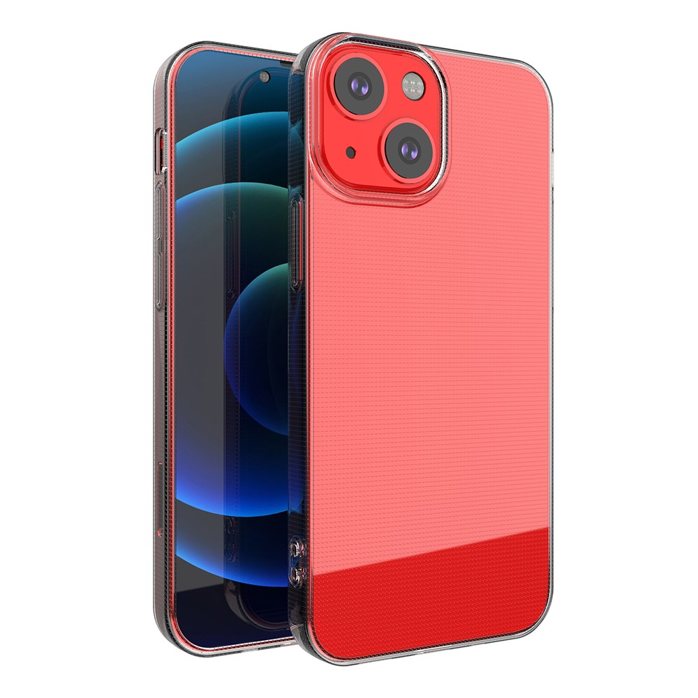 Ein rotes iPhone mit durchsichtigem Gehäuse und zwei Kameras auf der Rückseite.