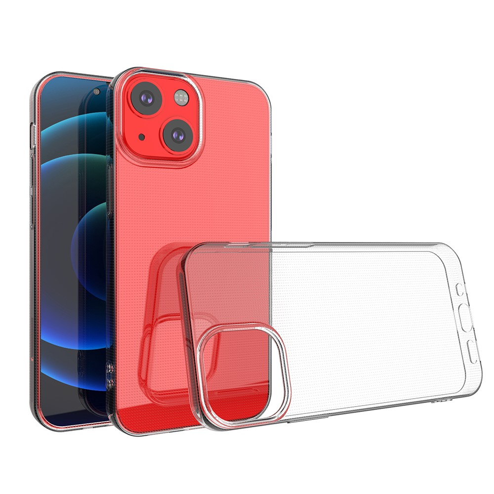 Rotes Handy mit durchsichtigem Gehäuse und Kamera-Aussparung, weißer Hintergrund.