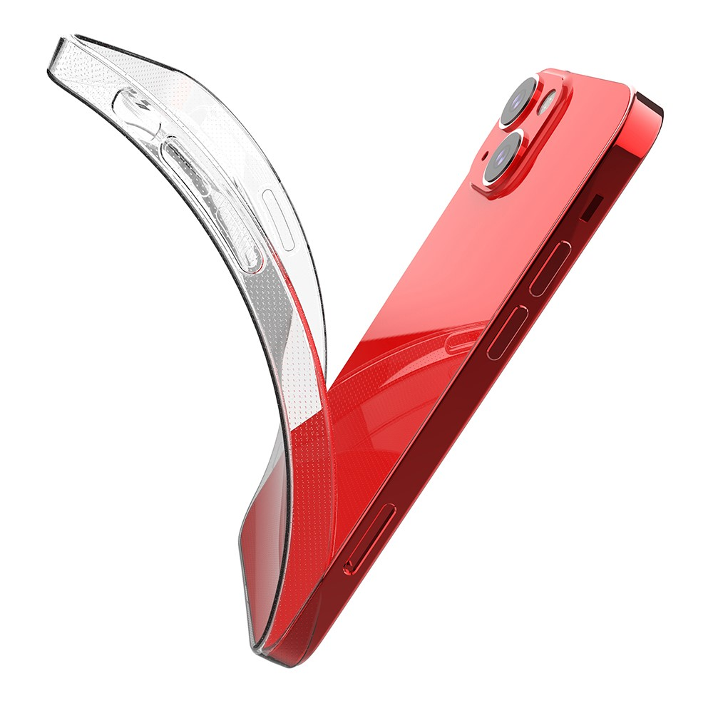 Ein rotes Smartphone wird von einer durchsichtigen Hülle bedeckt.