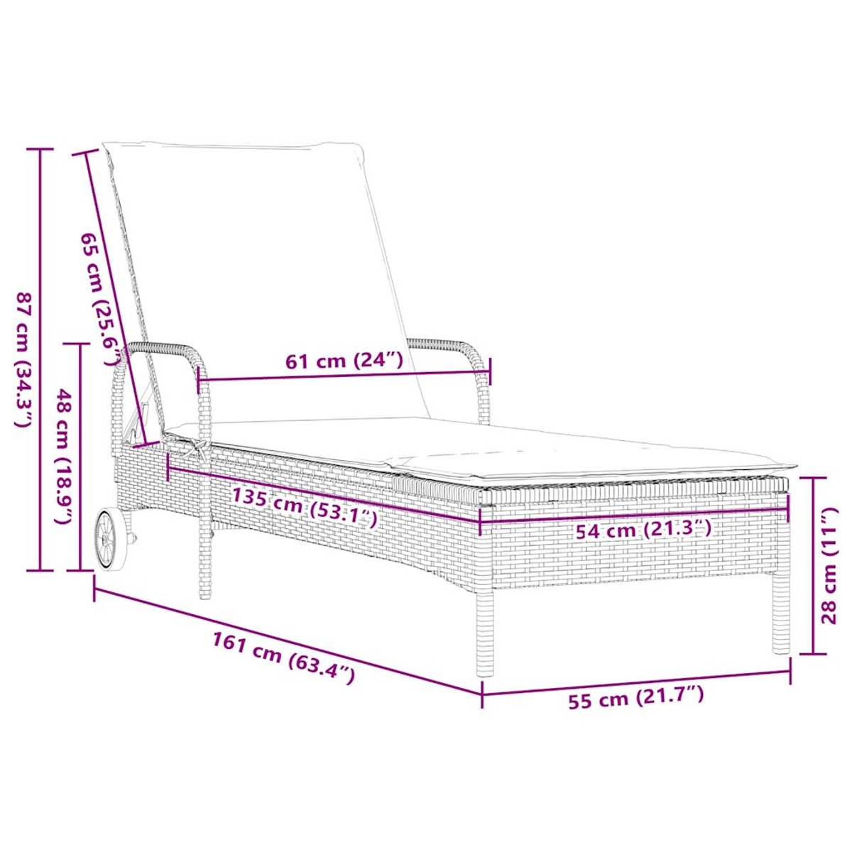 Diagramm einer Rattan-Liege mit Maßen in cm und Zoll.