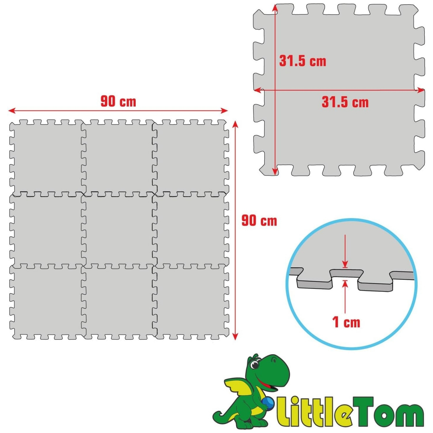 Graue Puzzlematte-Teile, 90x90cm Gesamtfläche, 31,5x31,5cm Einzelteil, 1cm dick.