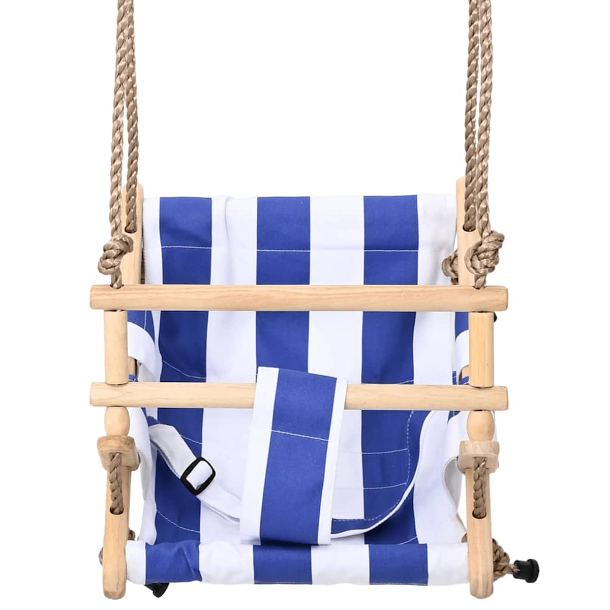 Ein Holzschaukelstuhl mit blau-weißen Streifen und Seilen.