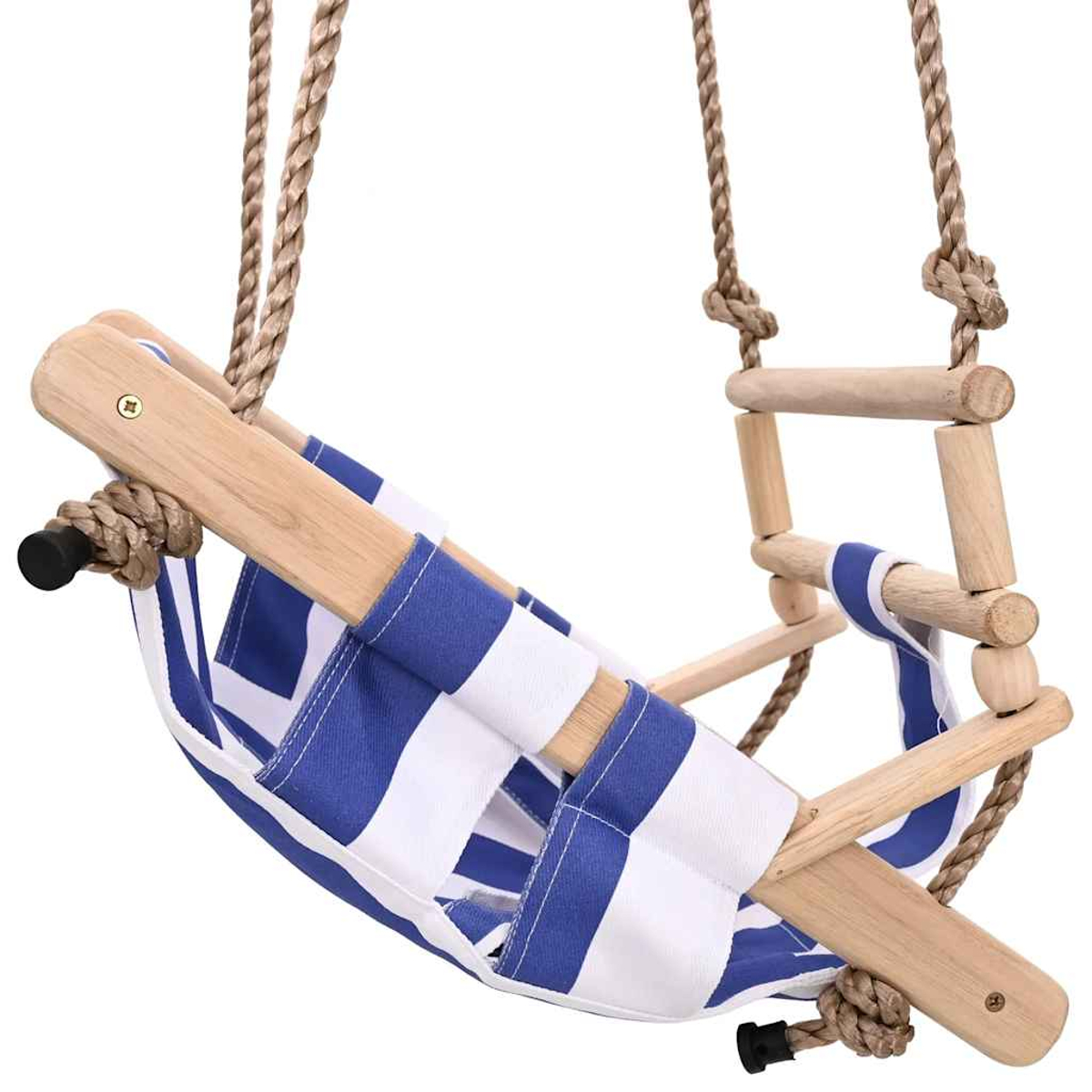 Holz-Babyschaukel mit blau-weißen Streifen und Seilen.
