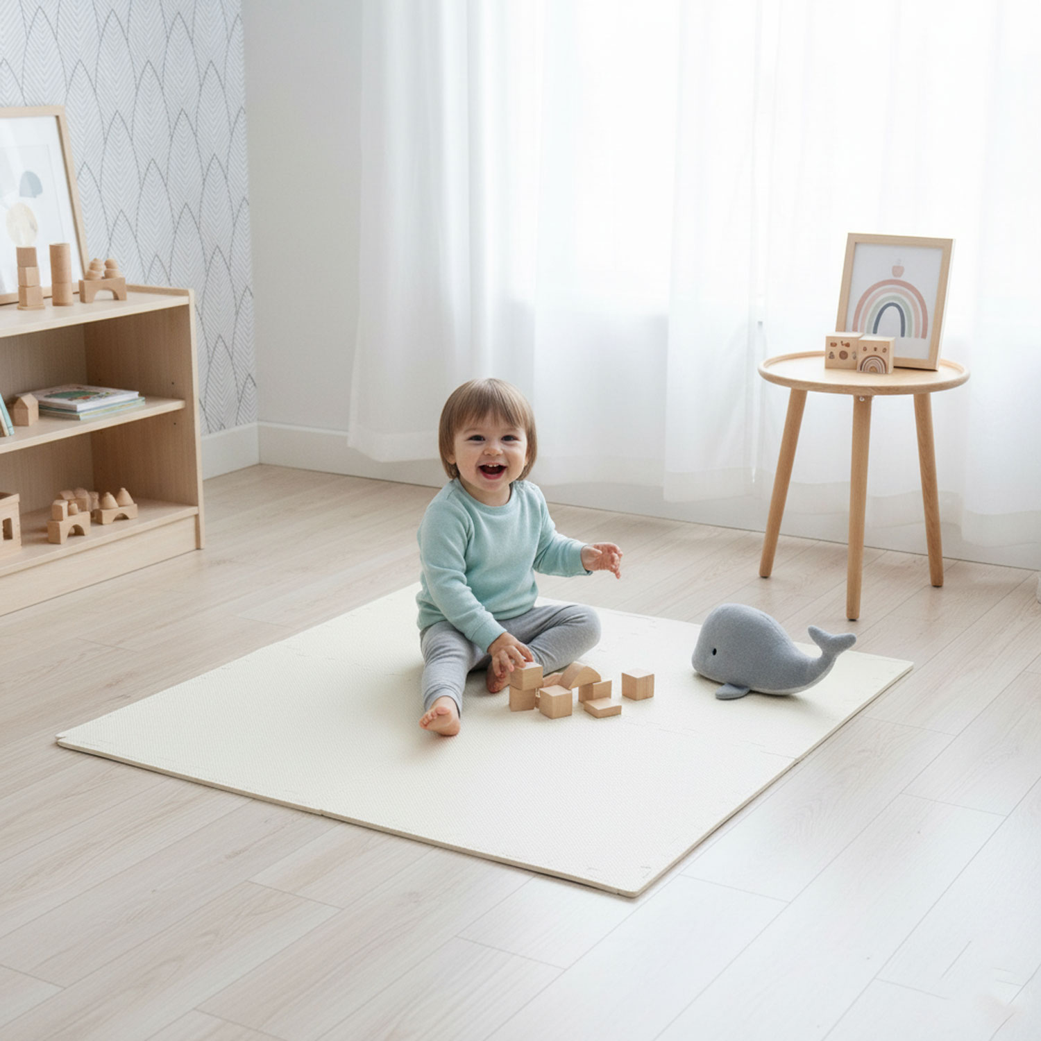 Ein glückliches Baby sitzt auf einer Spielmatte mit Holzklötzen und einem Wal-Spielzeug.