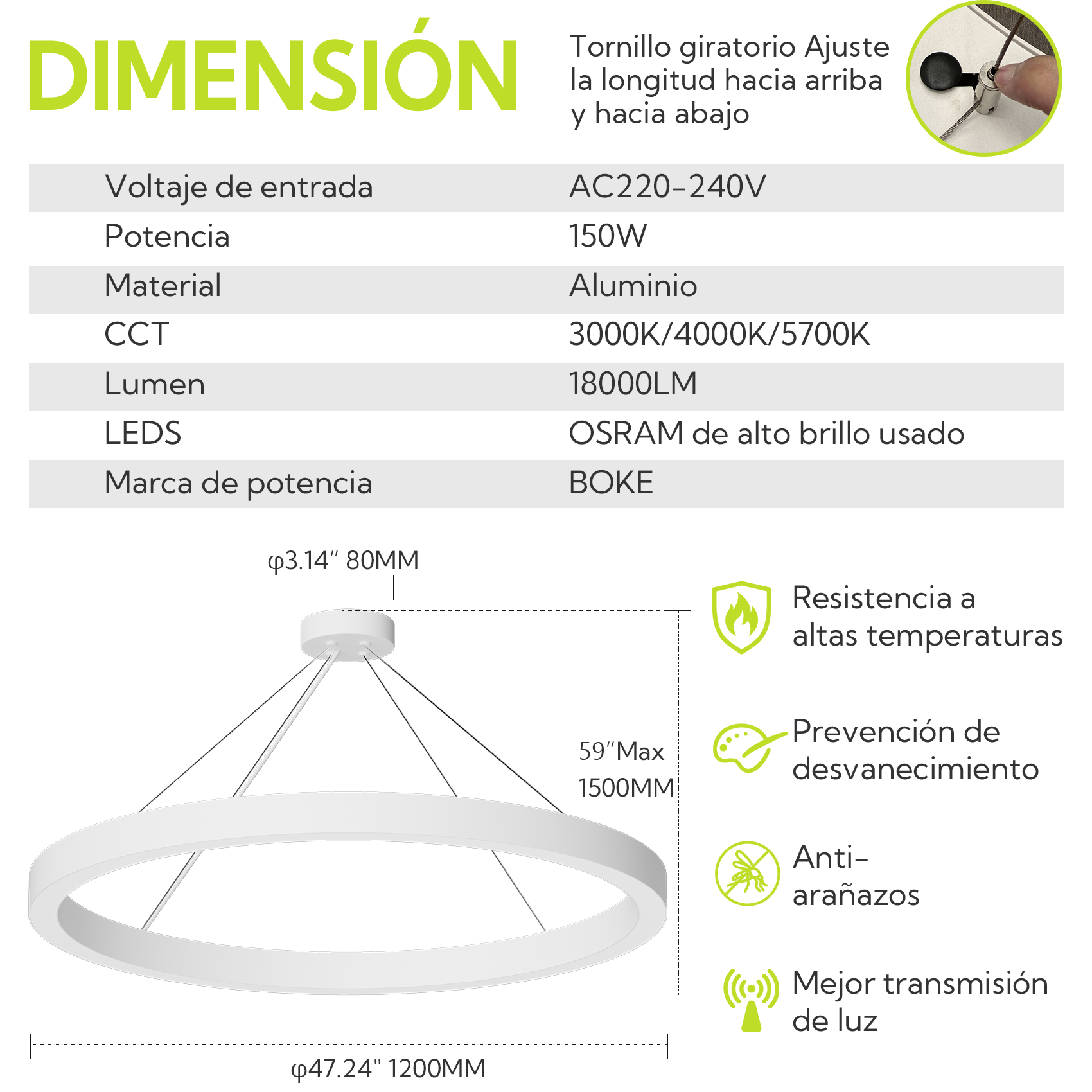 Una lámpara colgante LED circular blanca con especificaciones y características listadas sobre un fondo blanco.