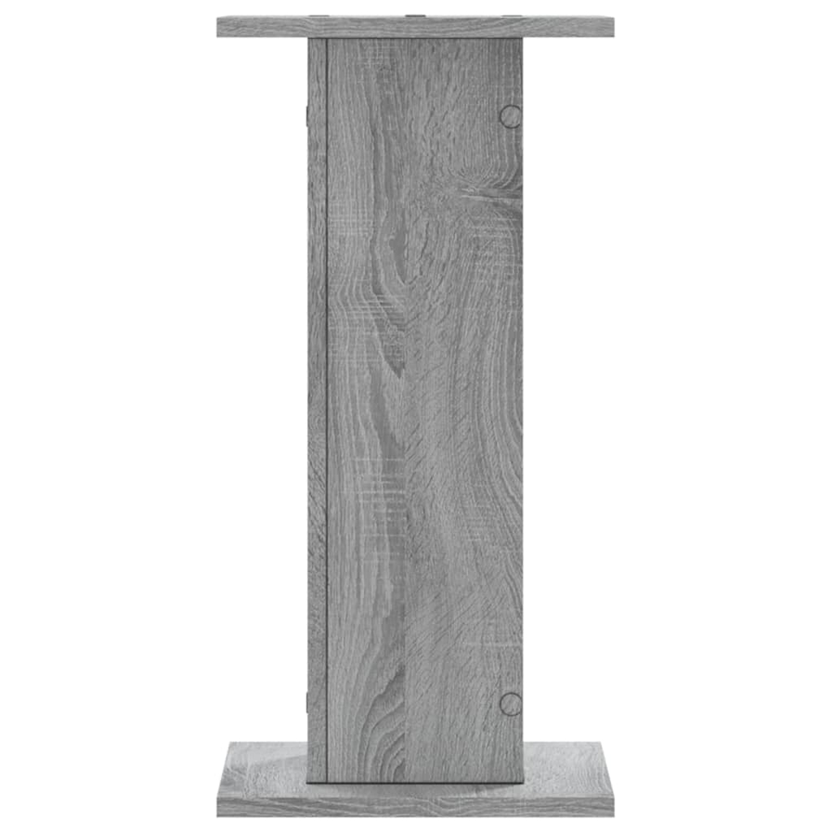 Grauer Holzsockel mit vertikalen Holzmaserungen und einer rechteckigen Platte oben.