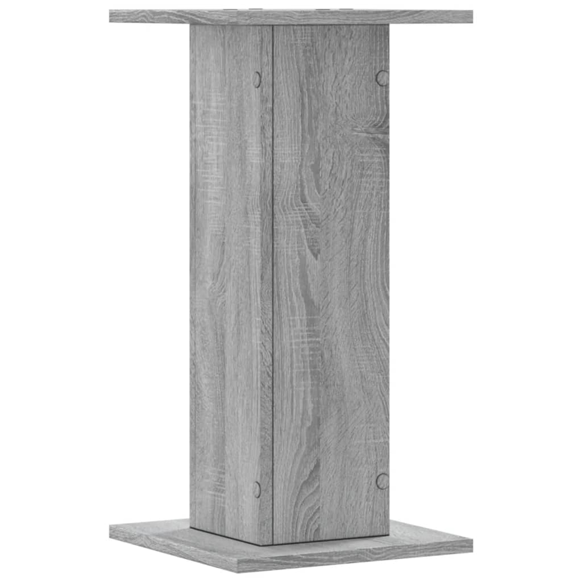 Ein grauer Holzständer mit einer rechteckigen Basis und Oberseite.