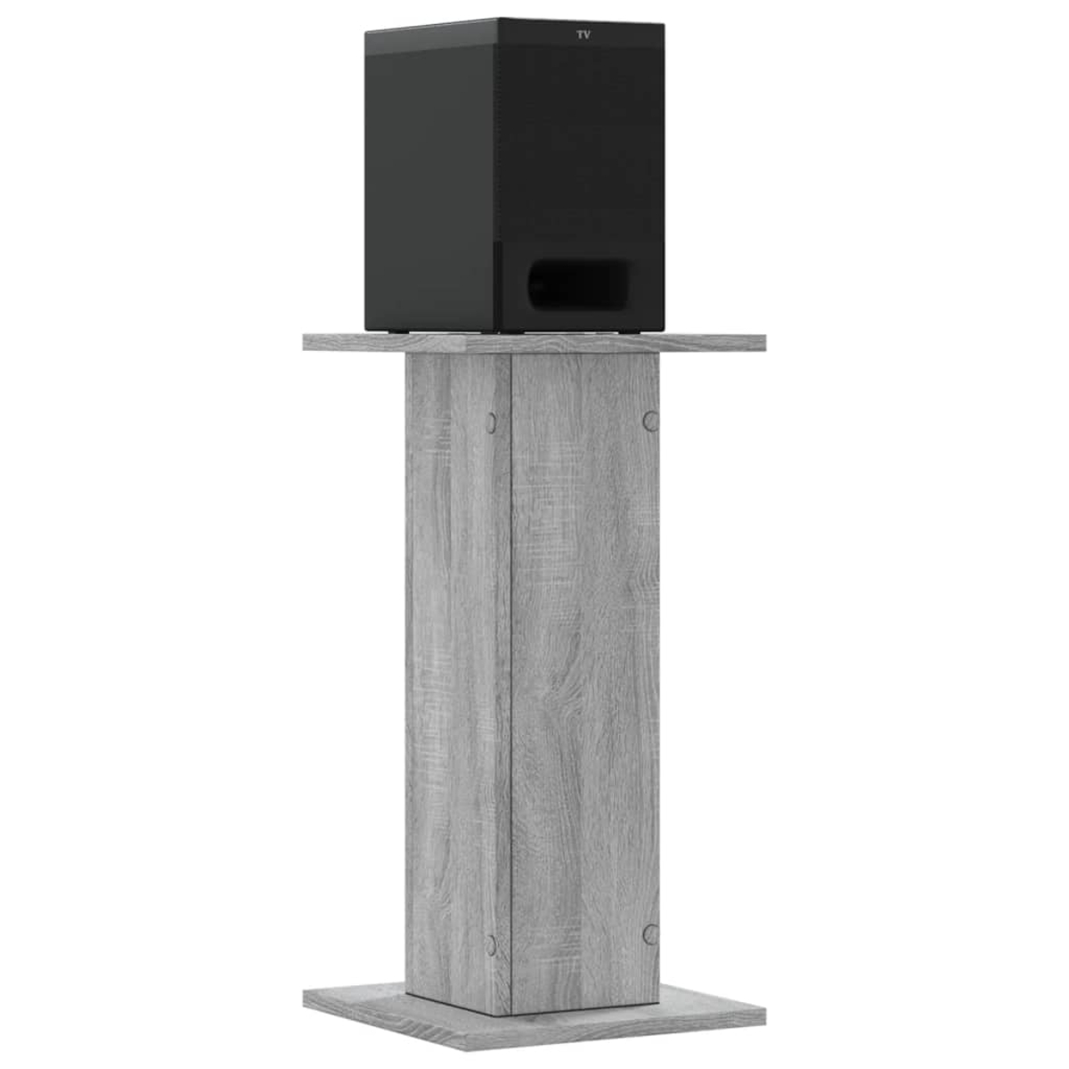 Ein schwarzer Subwoofer steht auf einem Holzlautsprecherständer.