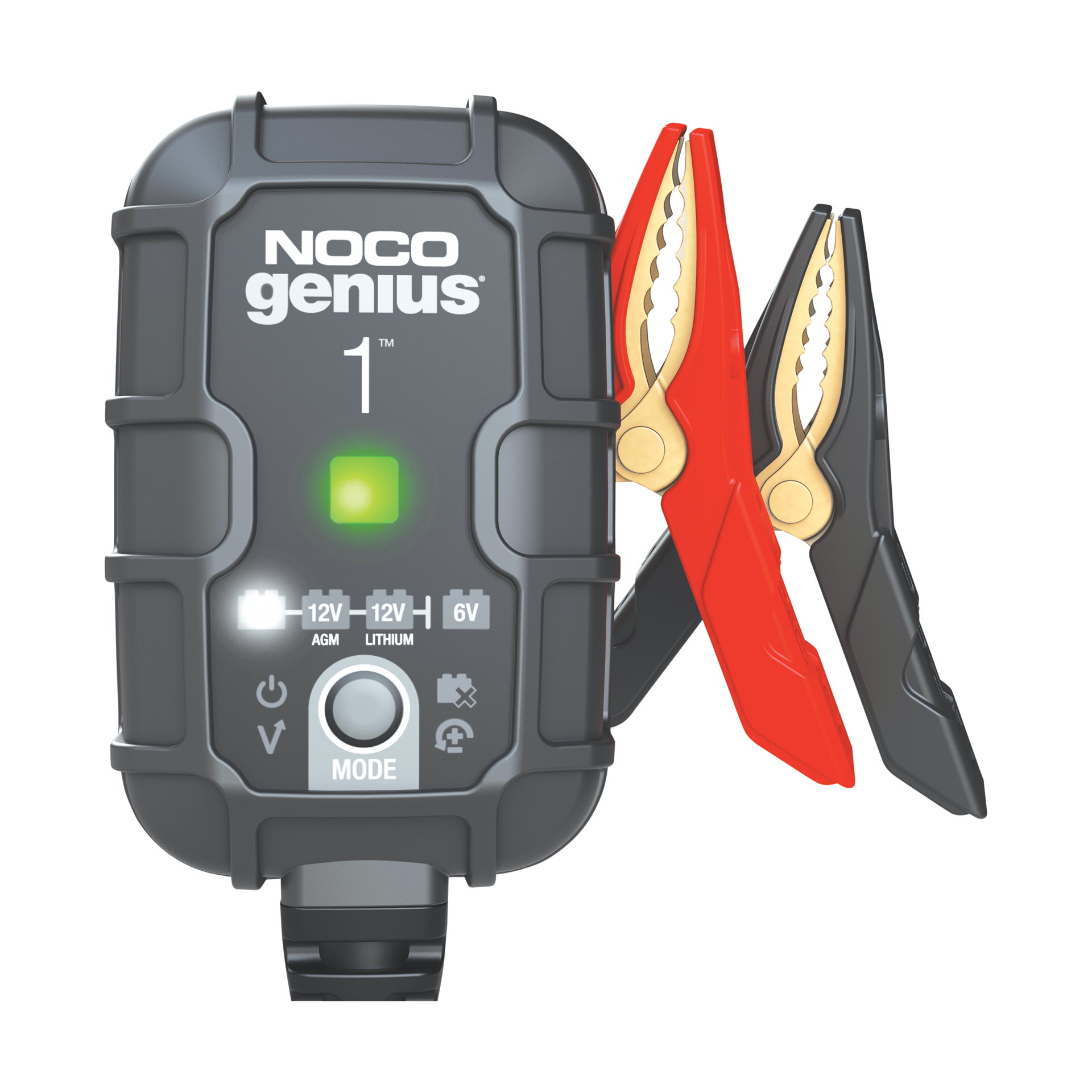 Ein schwarzes NOCO Genius 1 Batterieladegerät mit roten und schwarzen Klemmen.