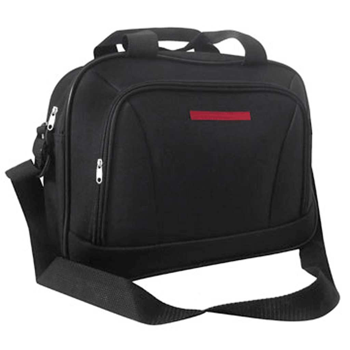Schwarze Reisetasche mit rotem Streifen und Schultergurt.