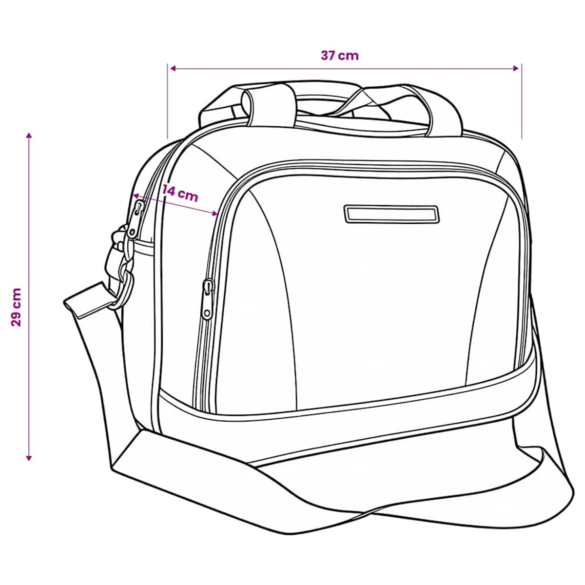 Eine Tasche mit Maßen 37 cm Breite, 29 cm Höhe und 14 cm Tiefe.