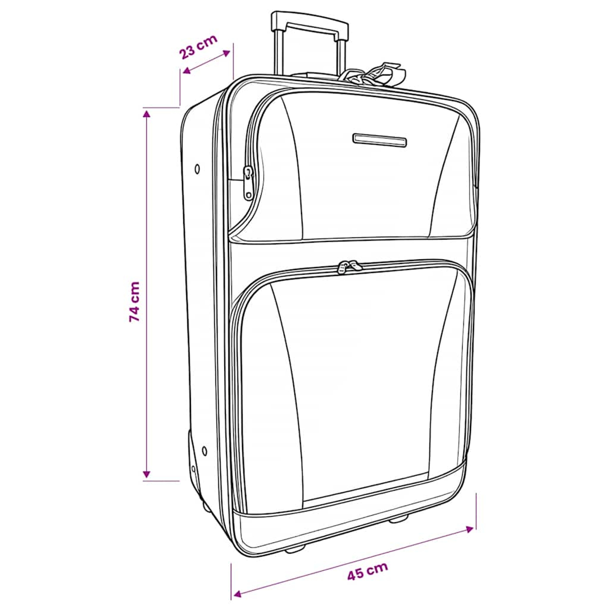 Ein Rollkoffer mit Maßen: 74 cm hoch, 23 cm breit, 45 cm tief.