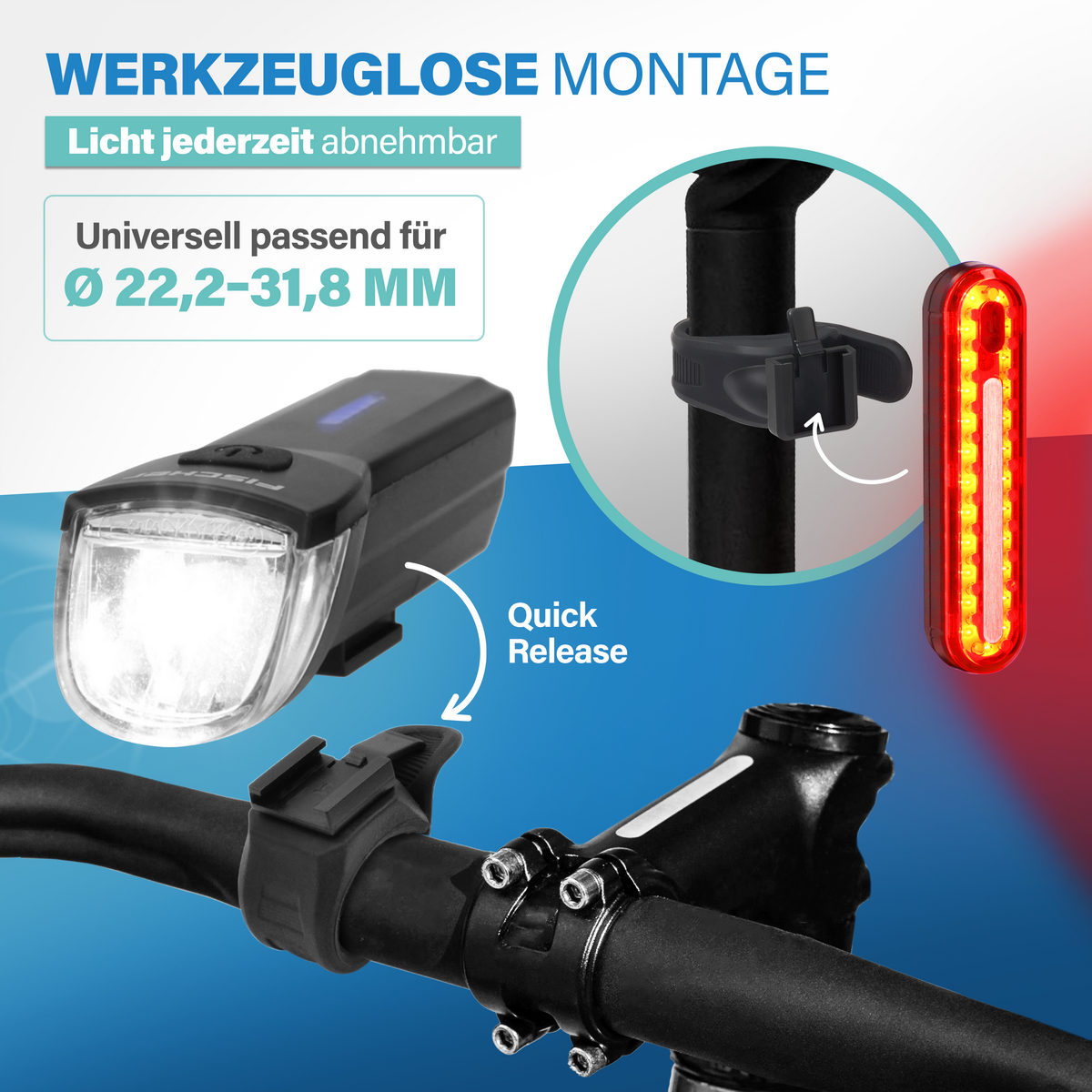 Fahrradlichter: Front- und Rücklicht mit werkzeugloser Montage. Passend für 22,2-31,8 mm.
