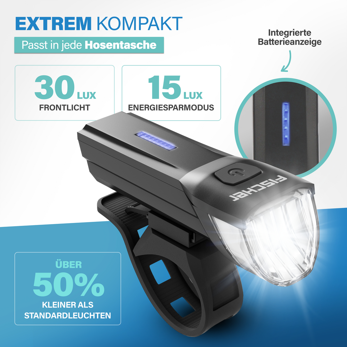 Kompakter schwarzer Fahrradscheinwerfer mit heller LED und Batterieanzeige.