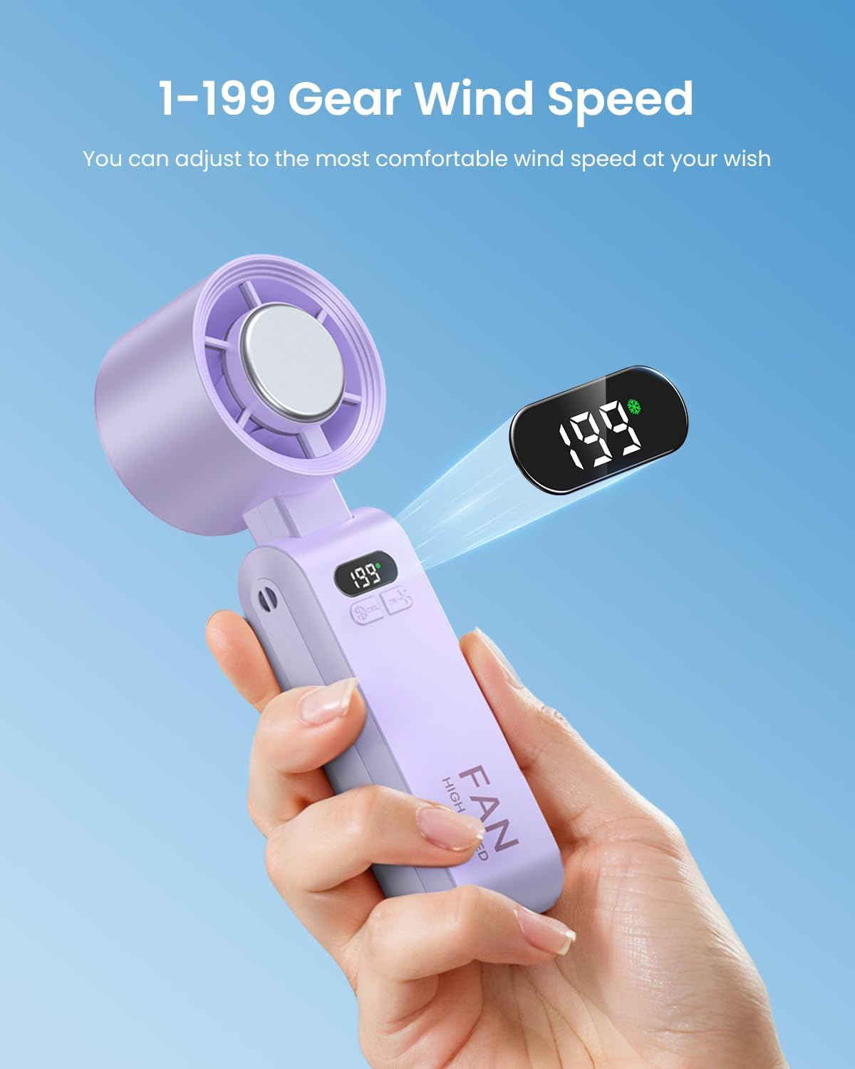 Lila Handventilator mit digitaler Anzeige auf 199 eingestellt.