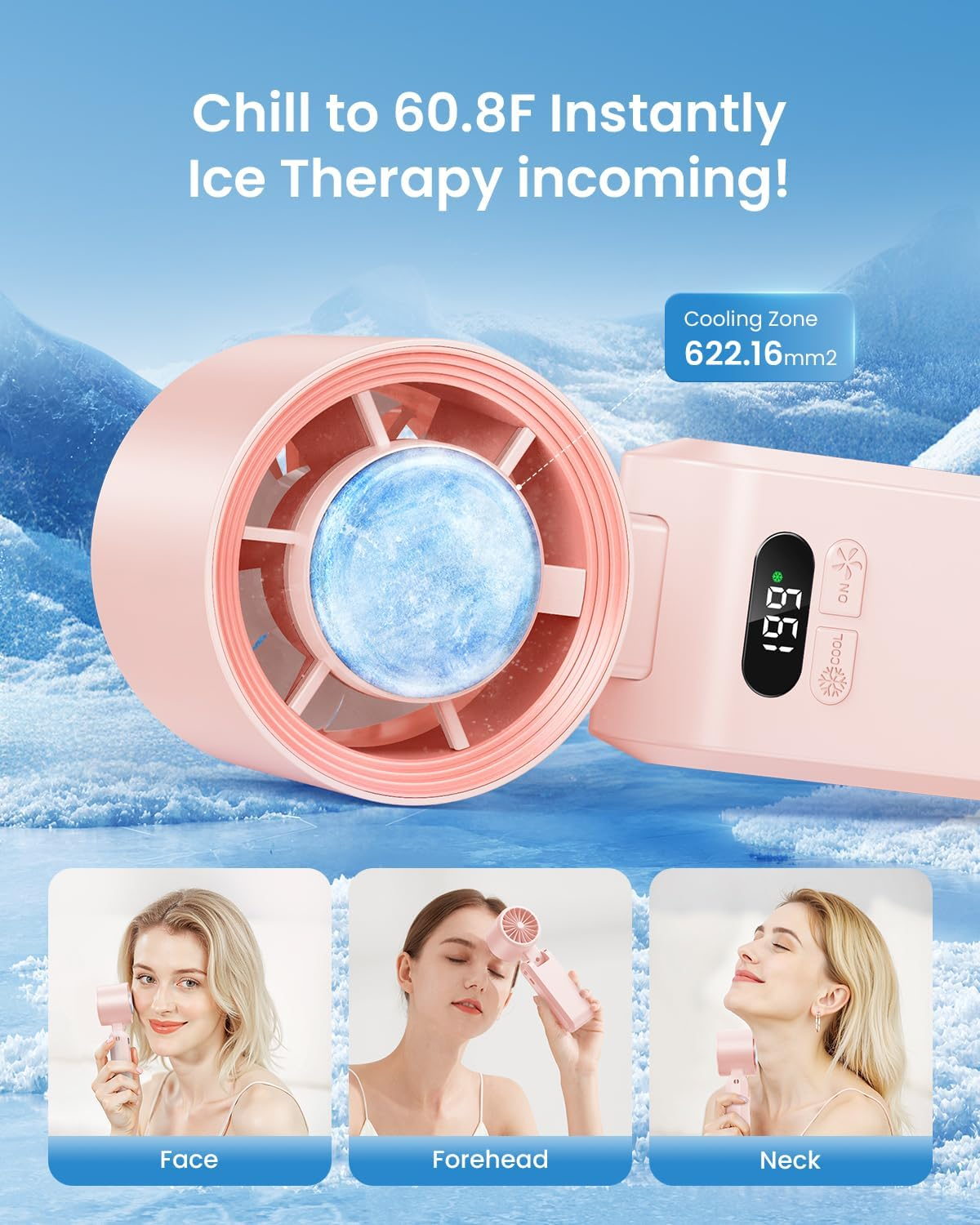 Ein rosa Kühlventilator mit Eisball, der auf Gesicht, Stirn und Nacken angewendet wird.