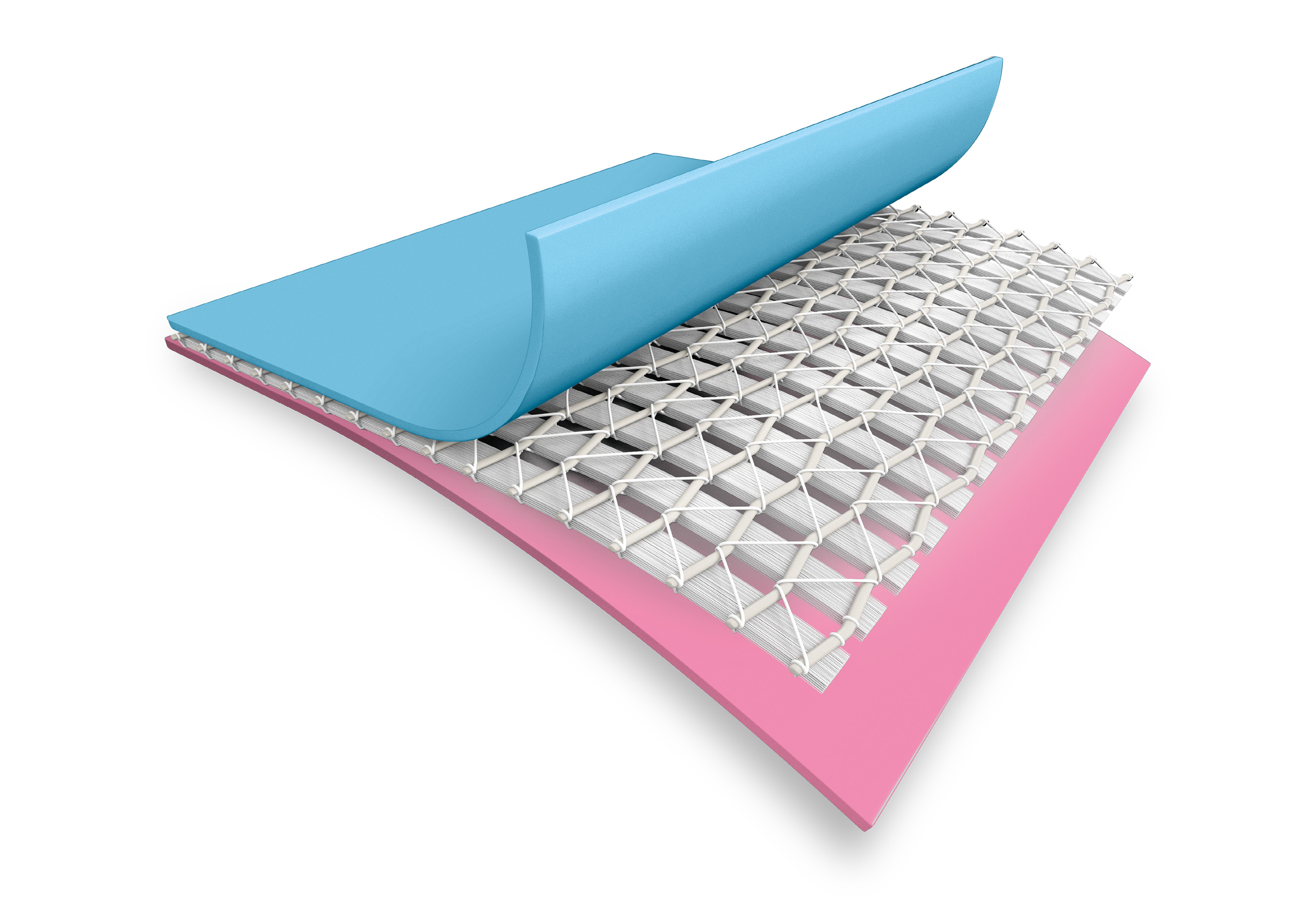 Schichtenmaterial mit blauer Oberseite, Gitterstruktur und pinker Unterseite.