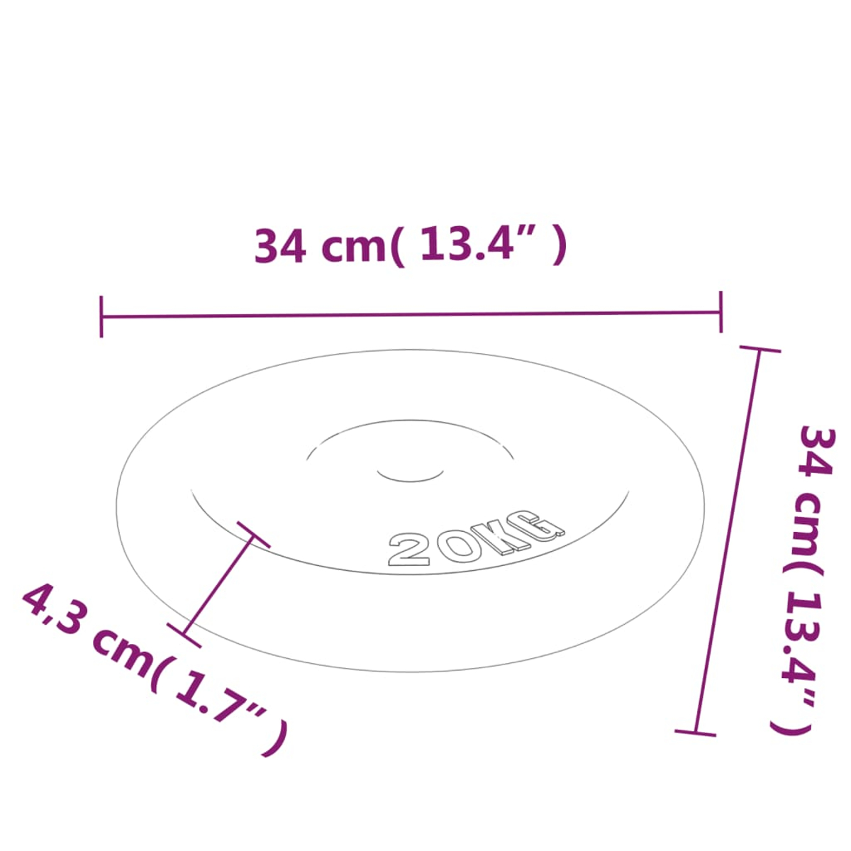 Eine 20kg Hantelscheibe mit 34cm Durchmesser und 4,3cm Dicke.