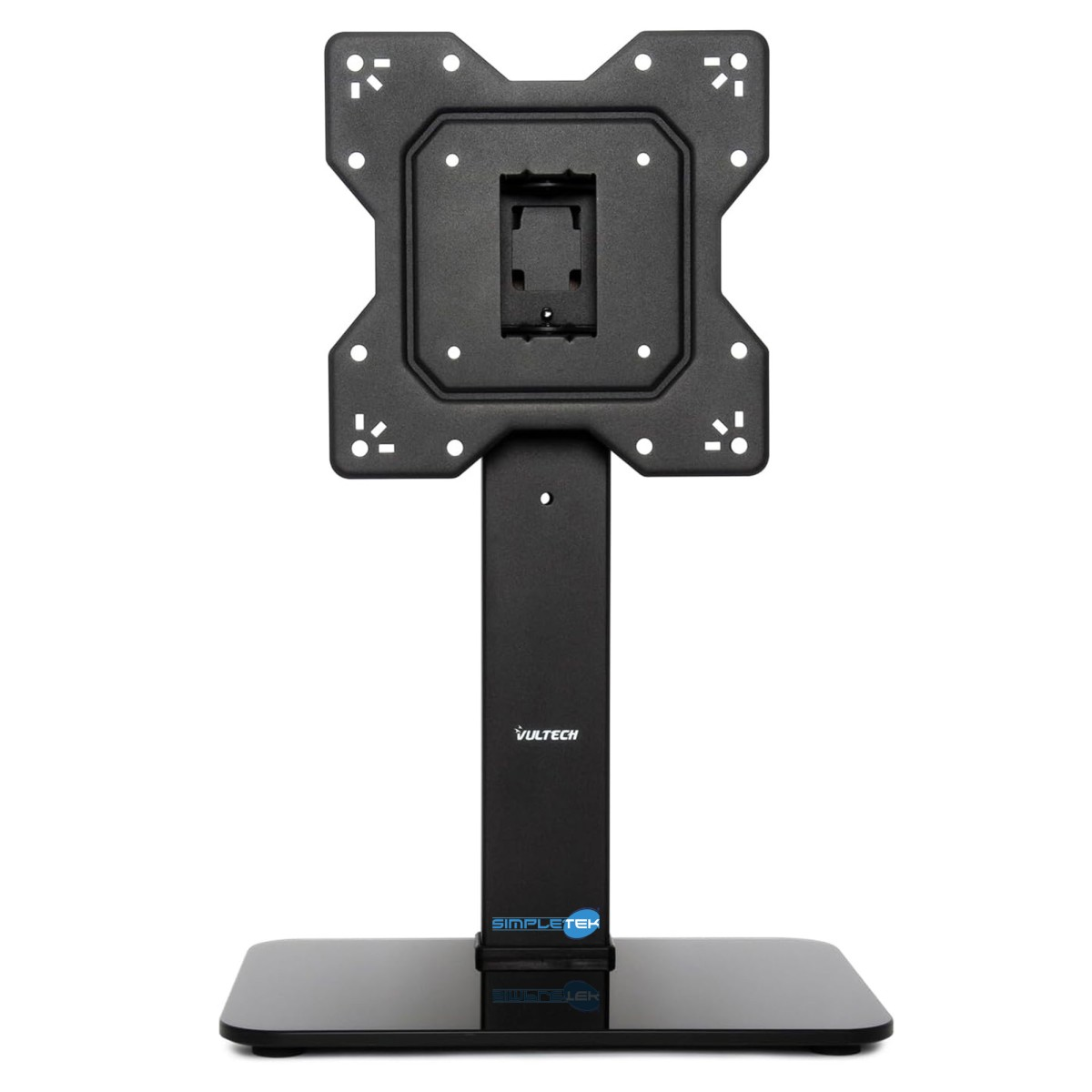 Supporto da tavolo nero per monitor con attacco VESA e base riflettente.