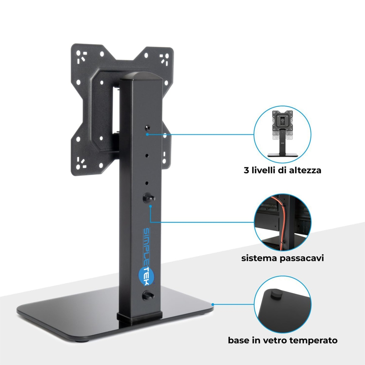 Supporto monitor nero con base in vetro, regolazione altezza e gestione cavi.