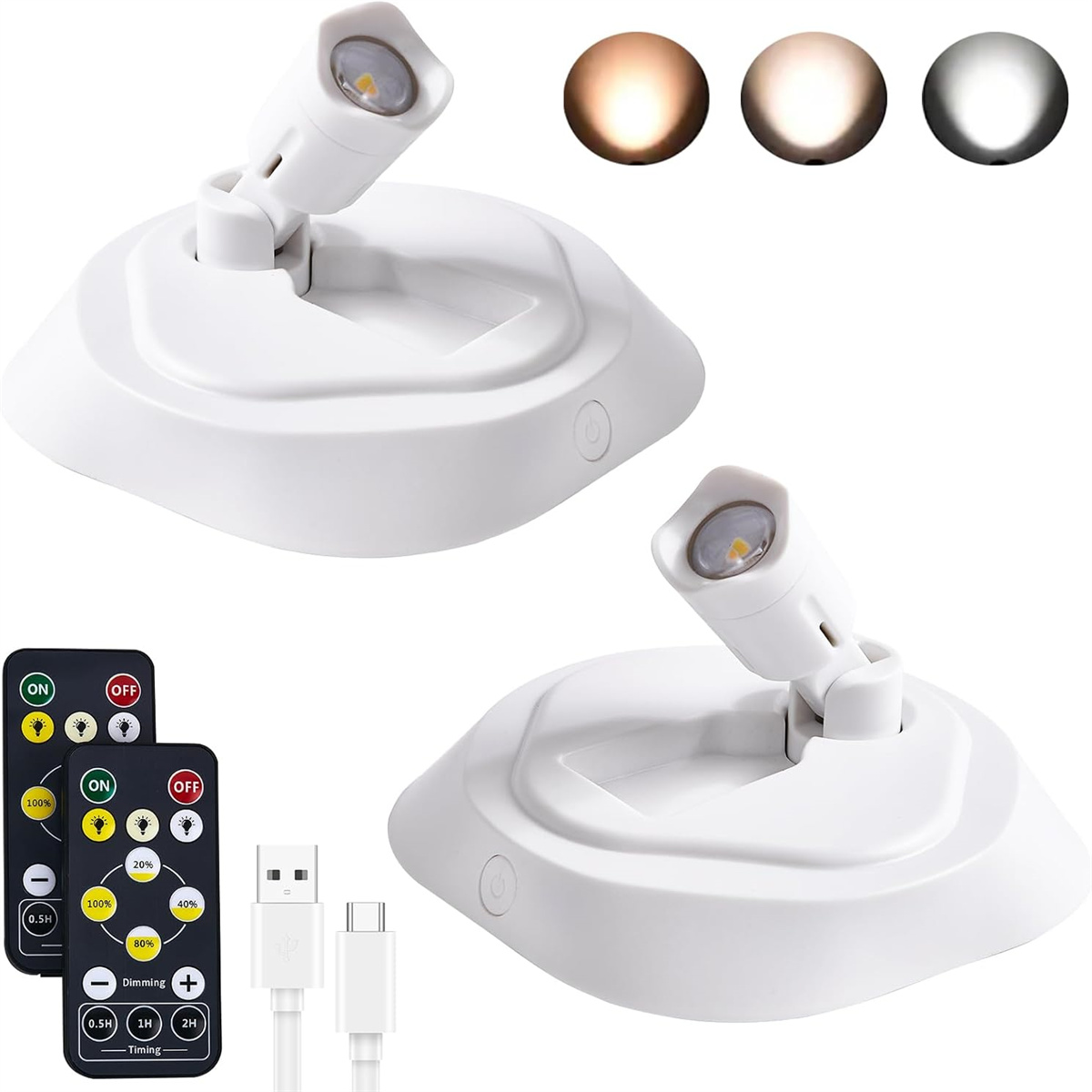 Zwei weiße LED-Spotlights mit Fernbedienungen und USB-Kabeln.