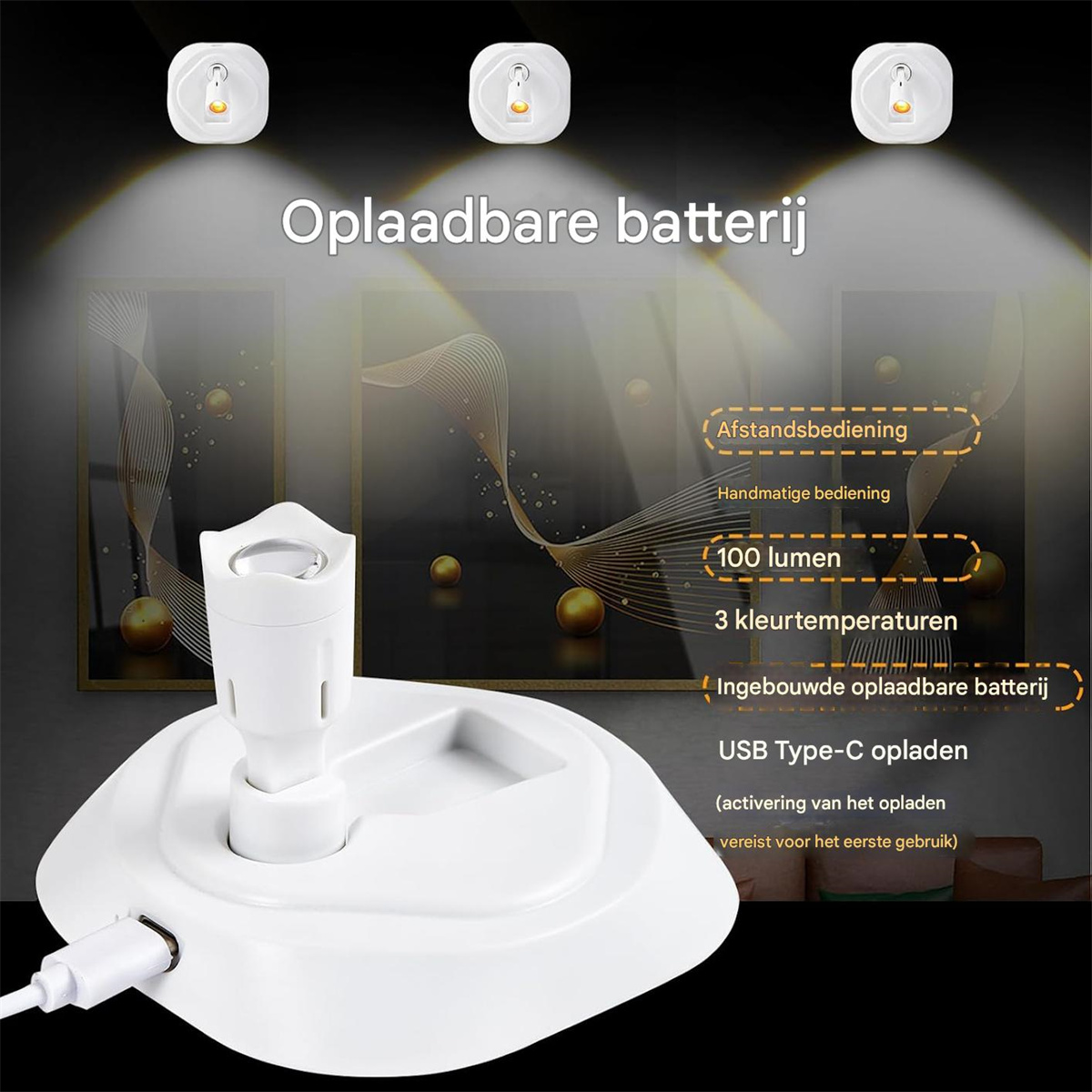 Weißes Ladegerät mit USB-C, 3 Lampen, 100 Lumen, Fernbedienung.