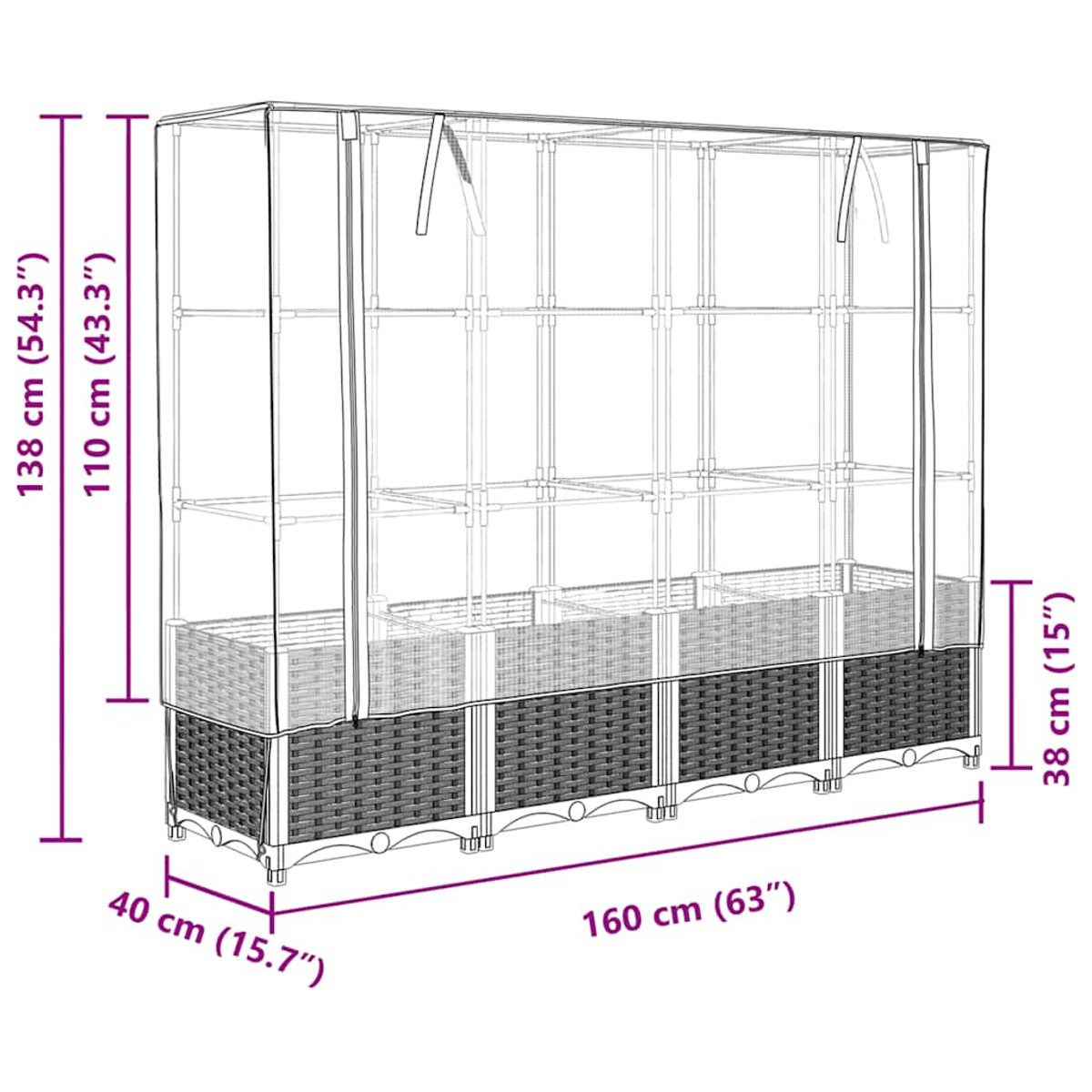 Una serra con quattro cesti e copertura trasparente, con dimensioni indicate.