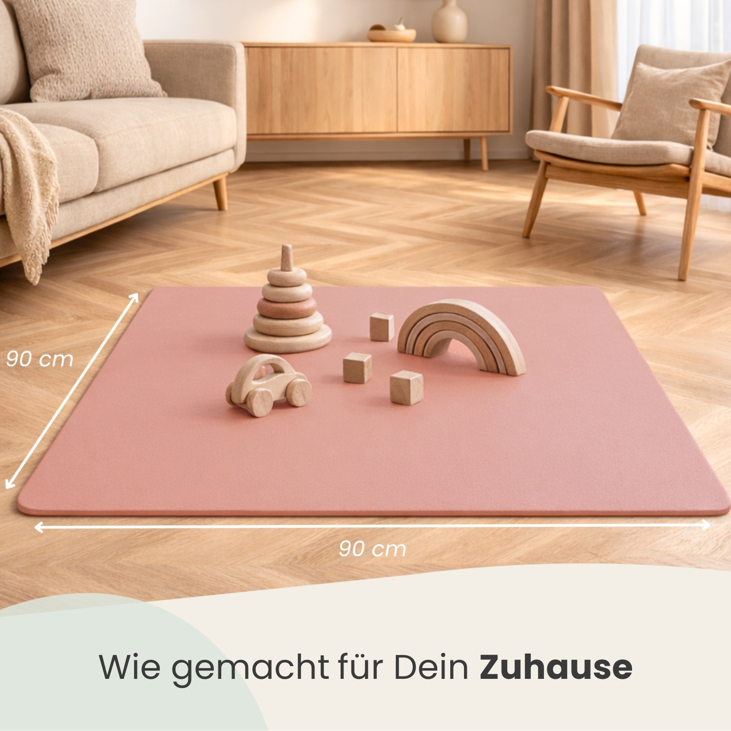 Eine rosafarbene Spielmatte mit Holzspielzeug, Maße 90x90 cm.